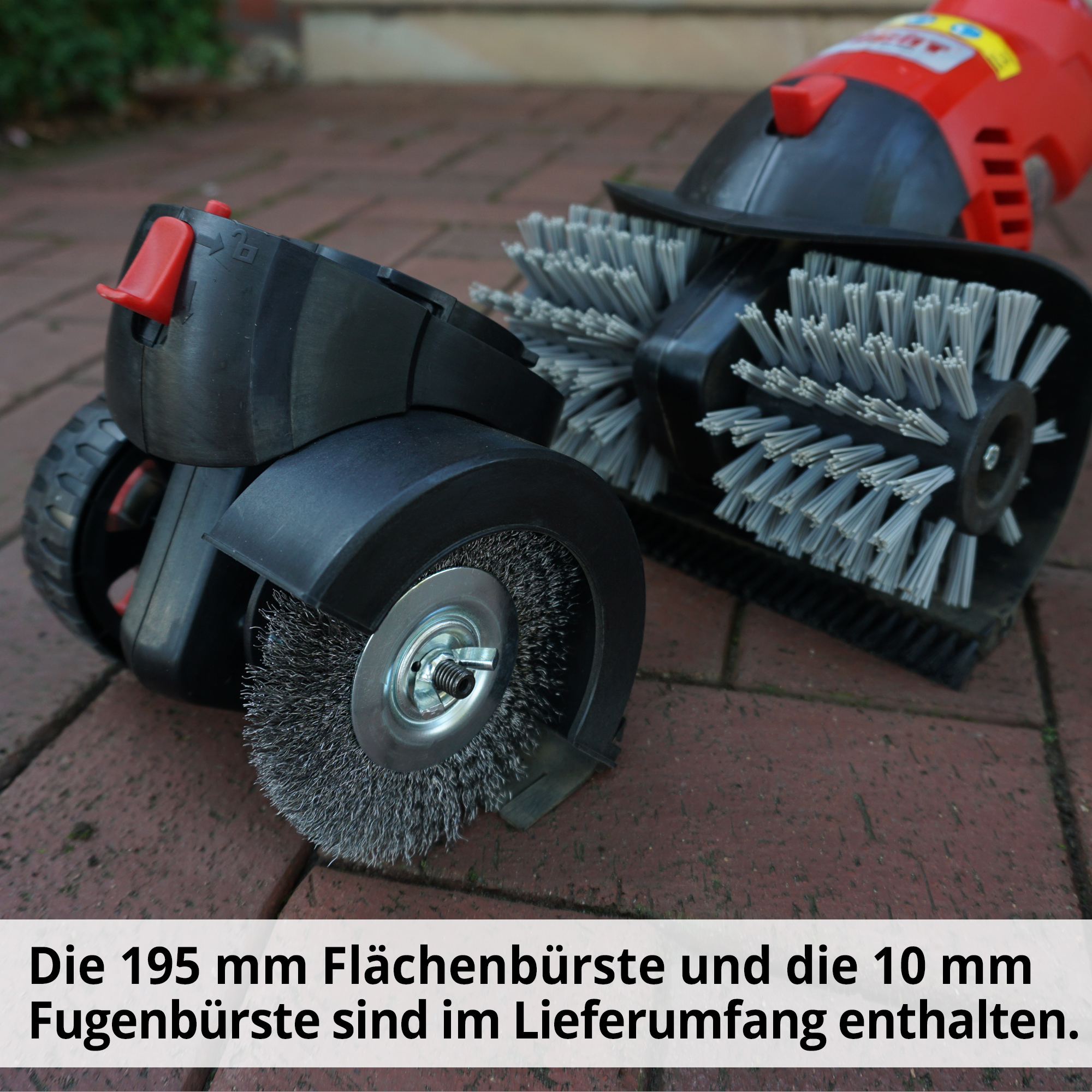 HECHT 445 Unkrautbürste; Die 195 mm Flächenbürste und die 10 mm Fugenbürste sind im Lieferumfang enthalten 