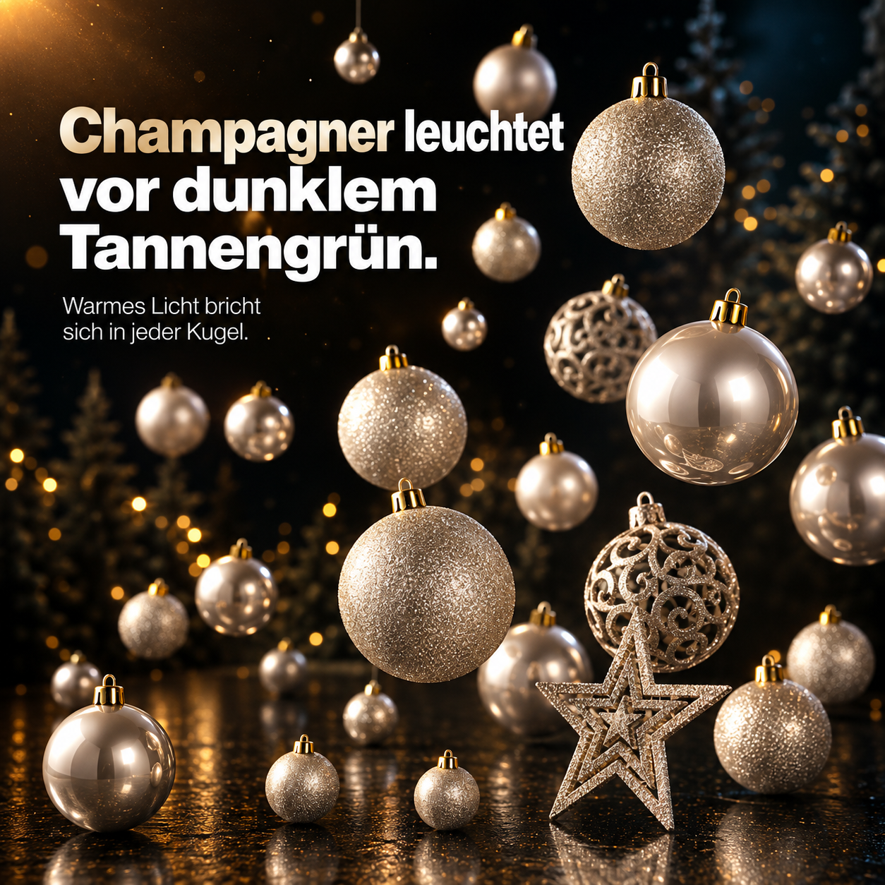 ONBEST Christbaumschmuck: Champagner-Kugeln vor dunklem Tannengrün (Dieses Bild wurde mit Hilfe von KI generiert.)