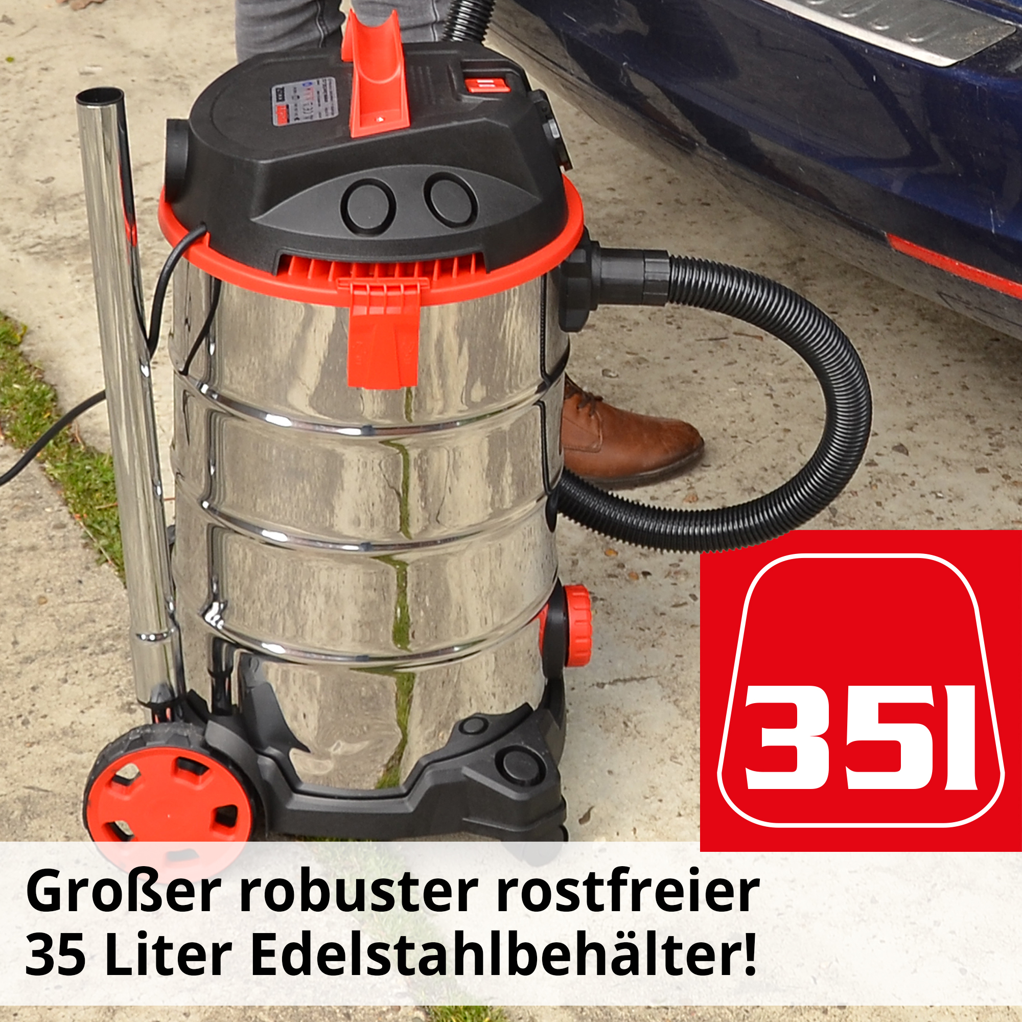 Industriesauger mit 35 L rostfreiem Edelstahlbehälter und großen Rädern Industriesauger mit 35 L rostfreiem Edelstahlbehälter und großen Rädern