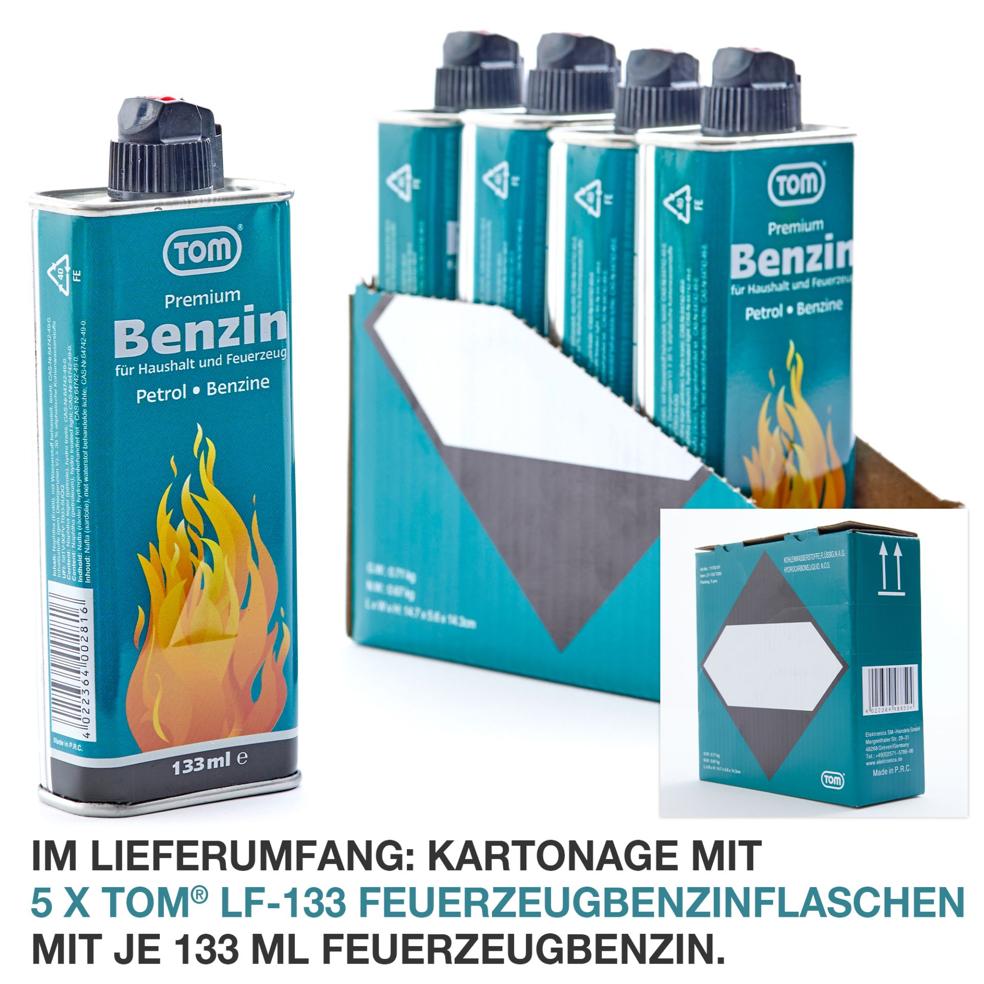 5 Mal TOM LF-133 Feuerzeug Benzin mit je 133 Milliliter im Lieferumfang