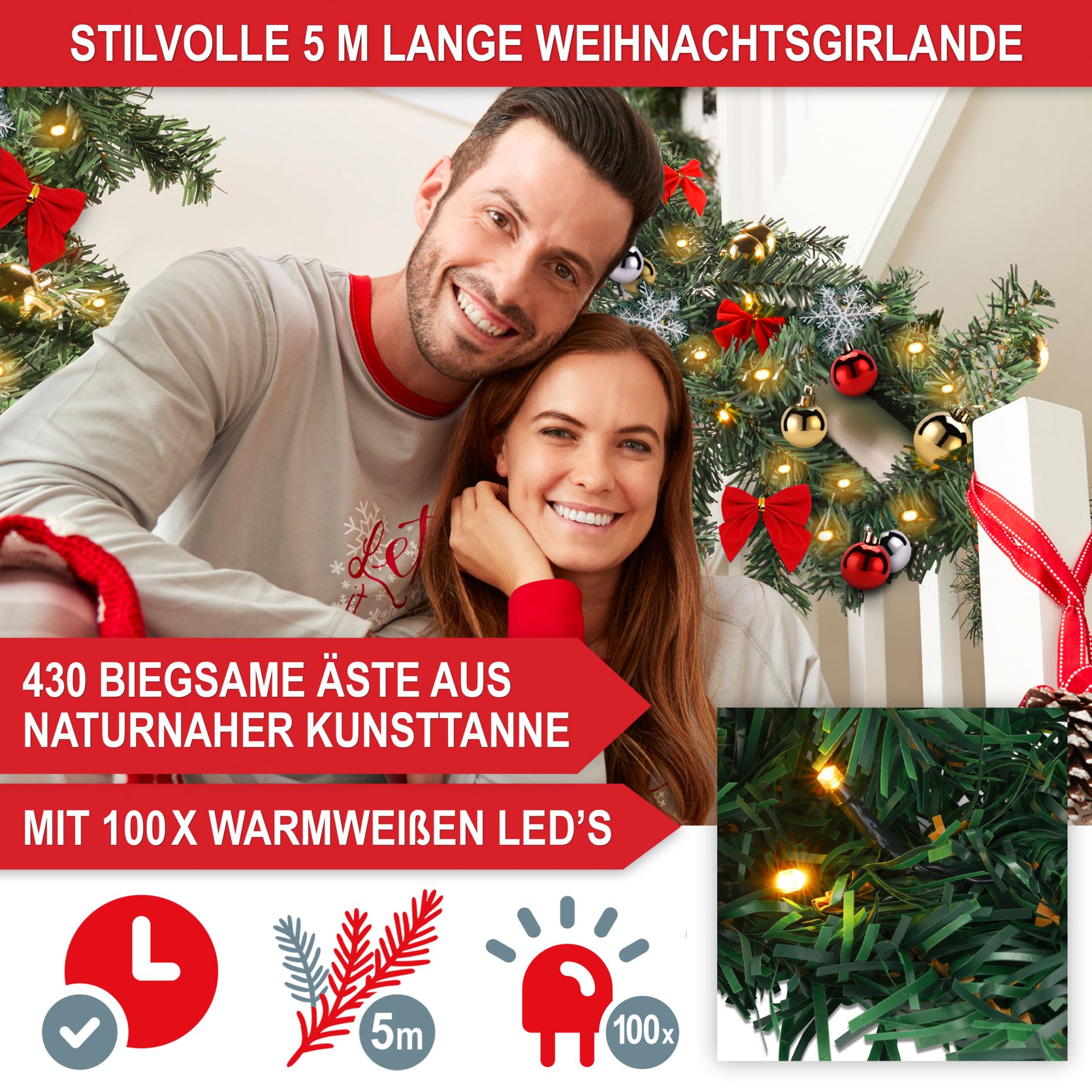 Weihnachtsgirlande 5m - Viele biegsame Äste aus naturnaher Kunsttanne, mit 100 warmweißen LEDs