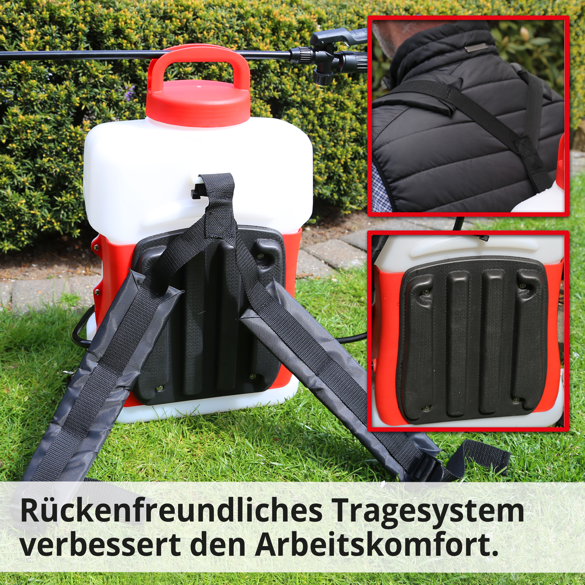 Akku Rückenspritze; Rückenfreundliches Tragesystem verbessert den Arbeitskomfort Akku Rückenspritze; Rückenfreundliches Tragesystem verbessert den Arbeitskomfort