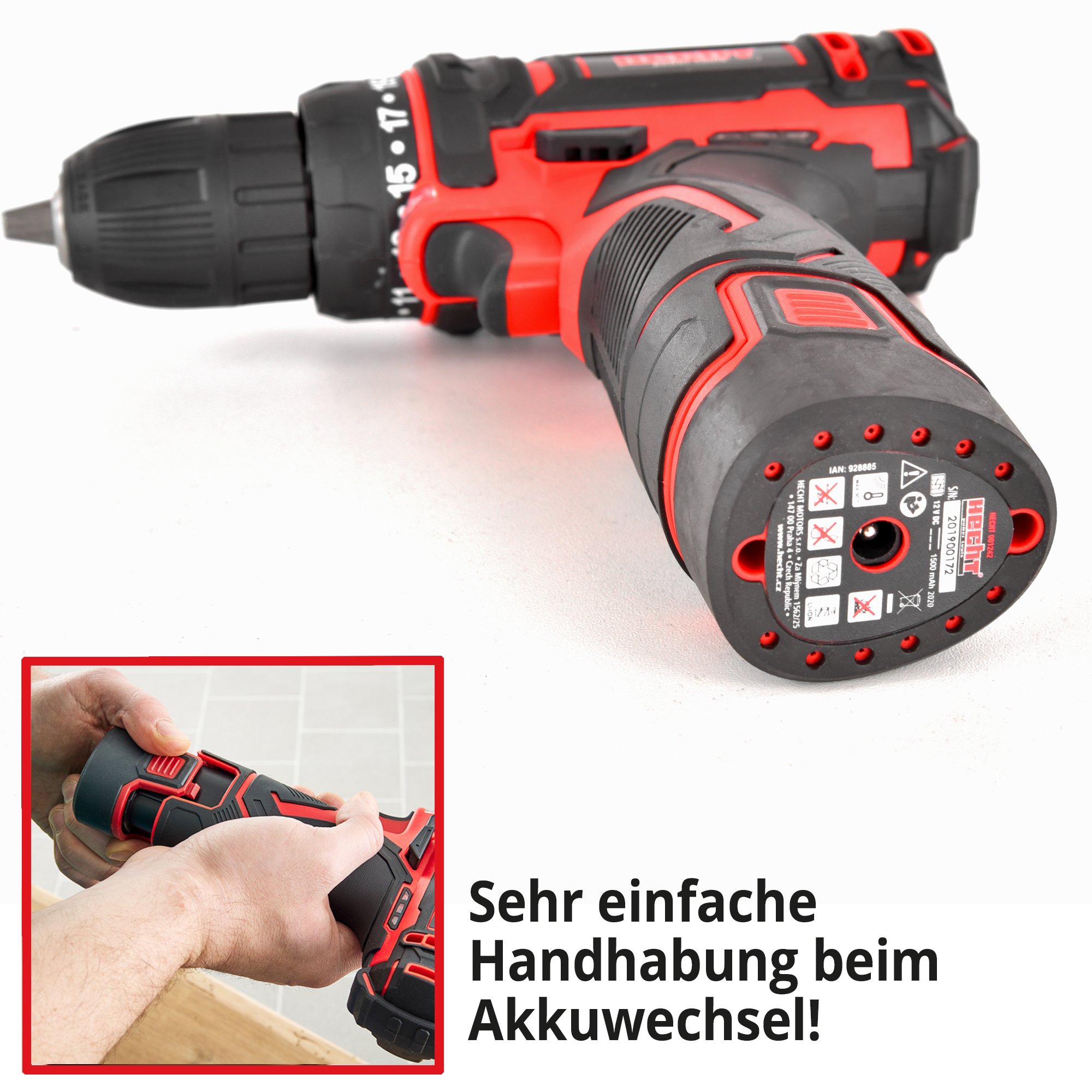 HECHT 1242 Akkuschrauber; Sehr einfache Handhabung beim Akkuwechsel