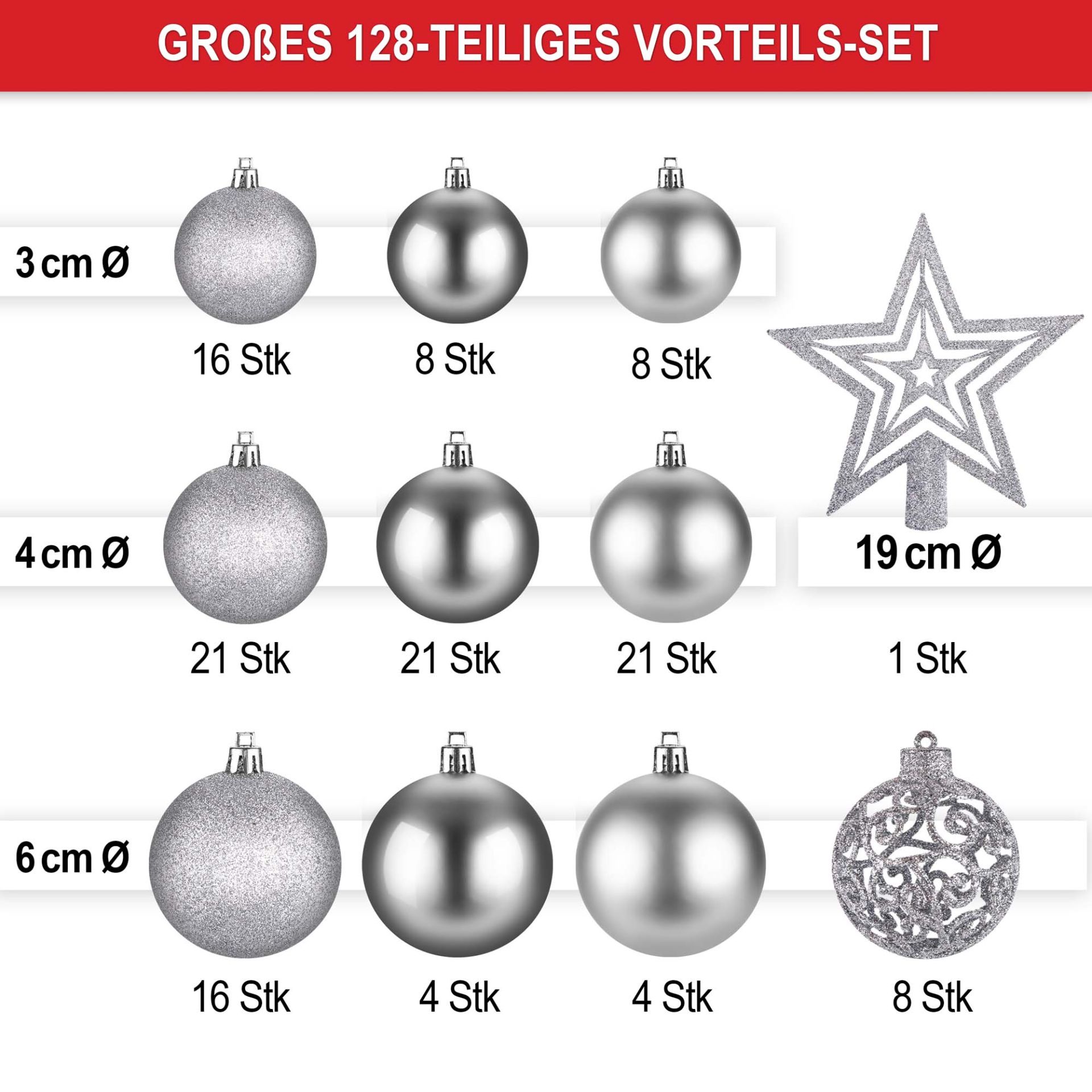 Weihnachtskugeln silber - Großes 128 teiliges Vorteils-Set, kleine, mittlere , große Kugeln und Stern