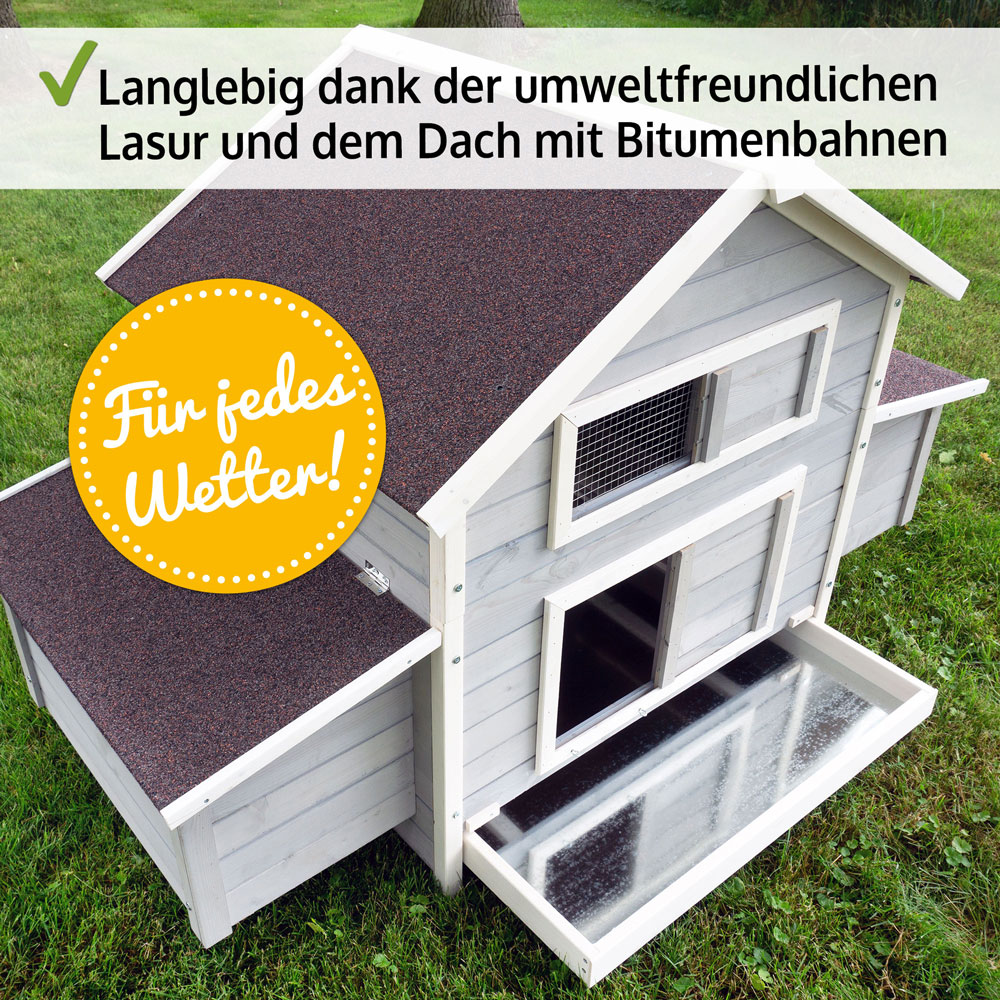 Hühnervoliere Betty in Grau, wetterfest und haltbar durch umweltfreundliche Lasur und Bitumenbahnen auf dem Dach Hühnervoliere Betty in Grau, wetterfest und haltbar durch umweltfreundliche Lasur und Bitumenbahnen auf dem Dach