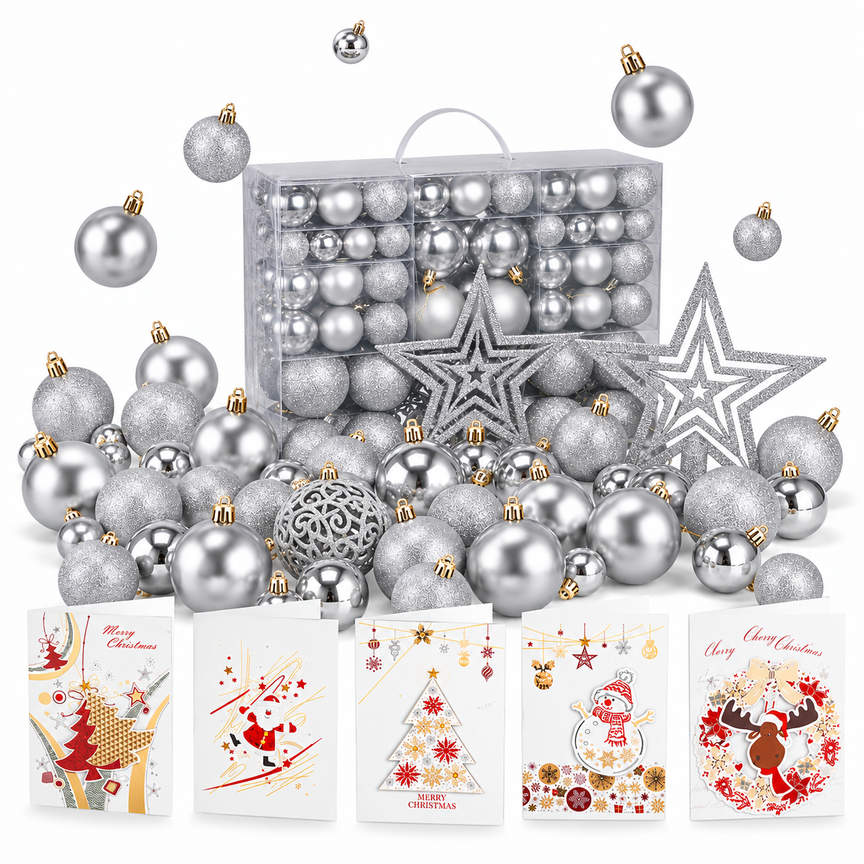 ONBEST Christbaumkugeln: Komplettes Silber-Set freigestellt auf Weiß (Dieses Bild wurde mit Hilfe von KI generiert.)