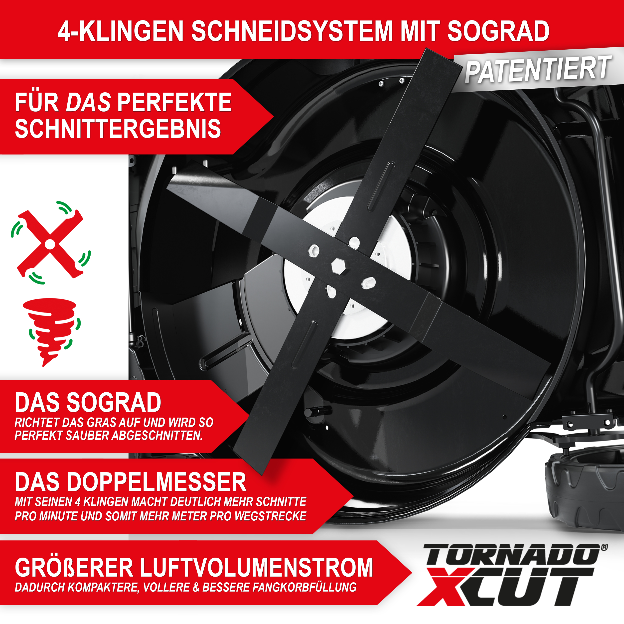 Rasenmäher Benzin TXC-3653 E - 4 Klingen Schneidsystem mit Sograd; für das perfekte Schnittergebnis; Gras wird sauber abgeschnitten; Mehr Schnitte durch Doppelmesser; Größerer Luftvolumenstrom