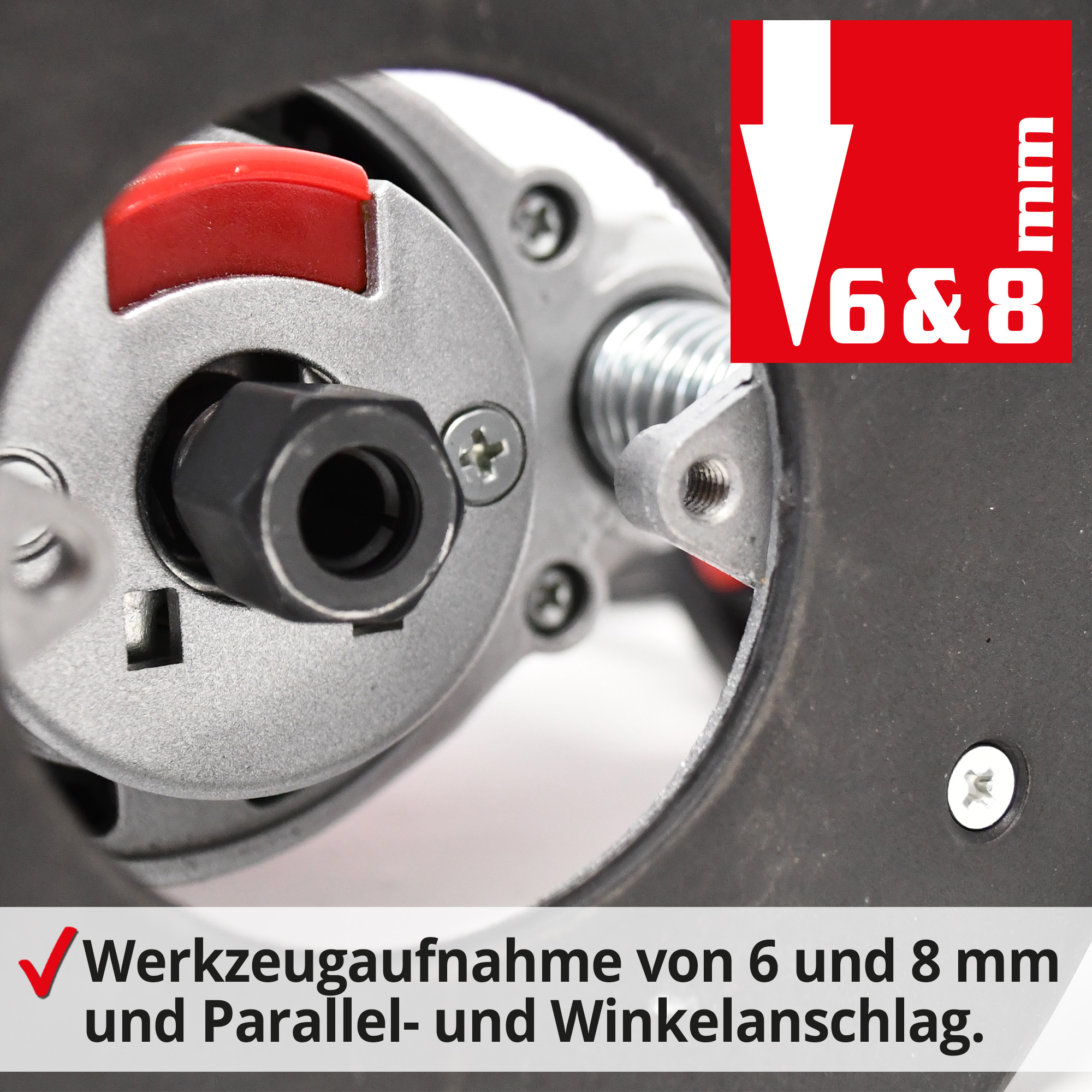 Hecht 1795 Oberfräse; Werkzeugaufnahme von 6 und 8mm und Parallel- und Winkelanschlag