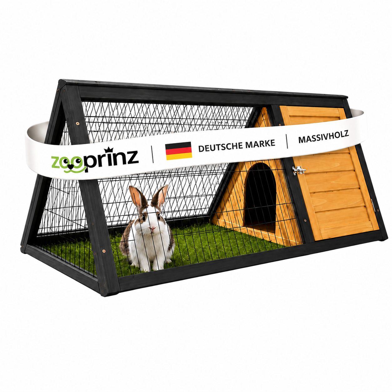 zooprinz Hasenstall aus Massivholz mit Kaninchen auf weißem Hintergrund