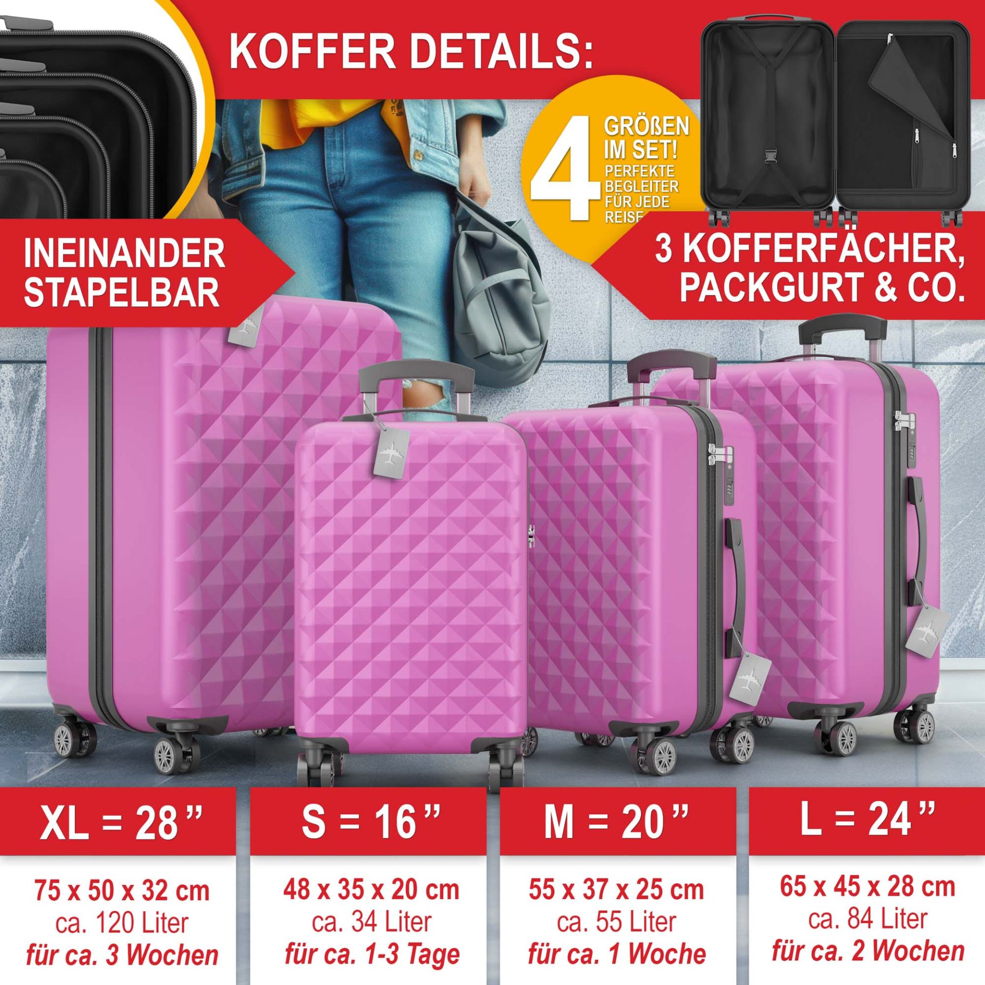 Hartschalenkofferset pink - Ineinander Stapelbar, 3 Kofferfächer; Packgurt und weiteres; Größe S, M, L, XL 