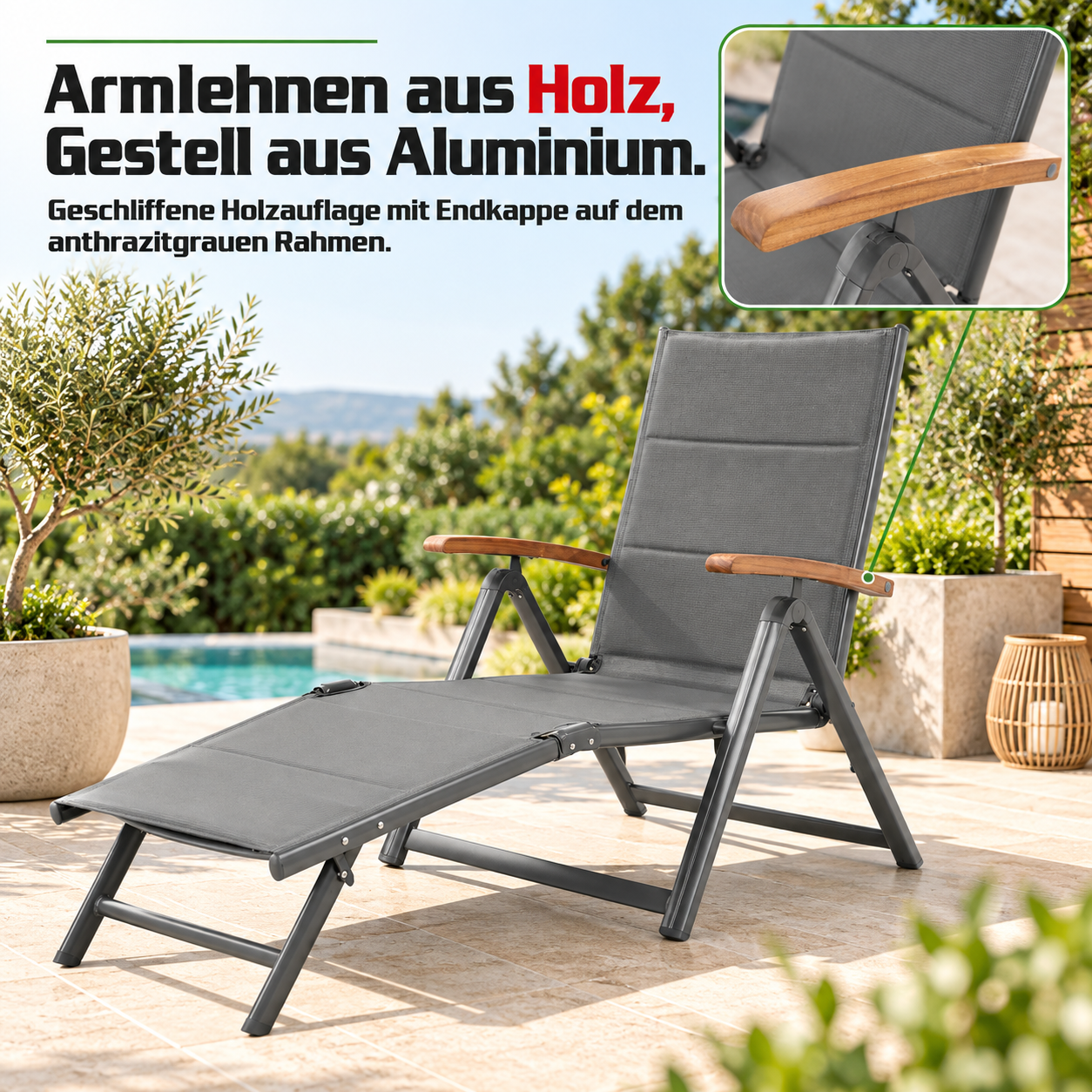 HECHT Sonnenliege Details: Holzarmlehnen auf anthrazitem Alu-Gestell (Dieses Bild wurde mit Hilfe von KI generiert.)