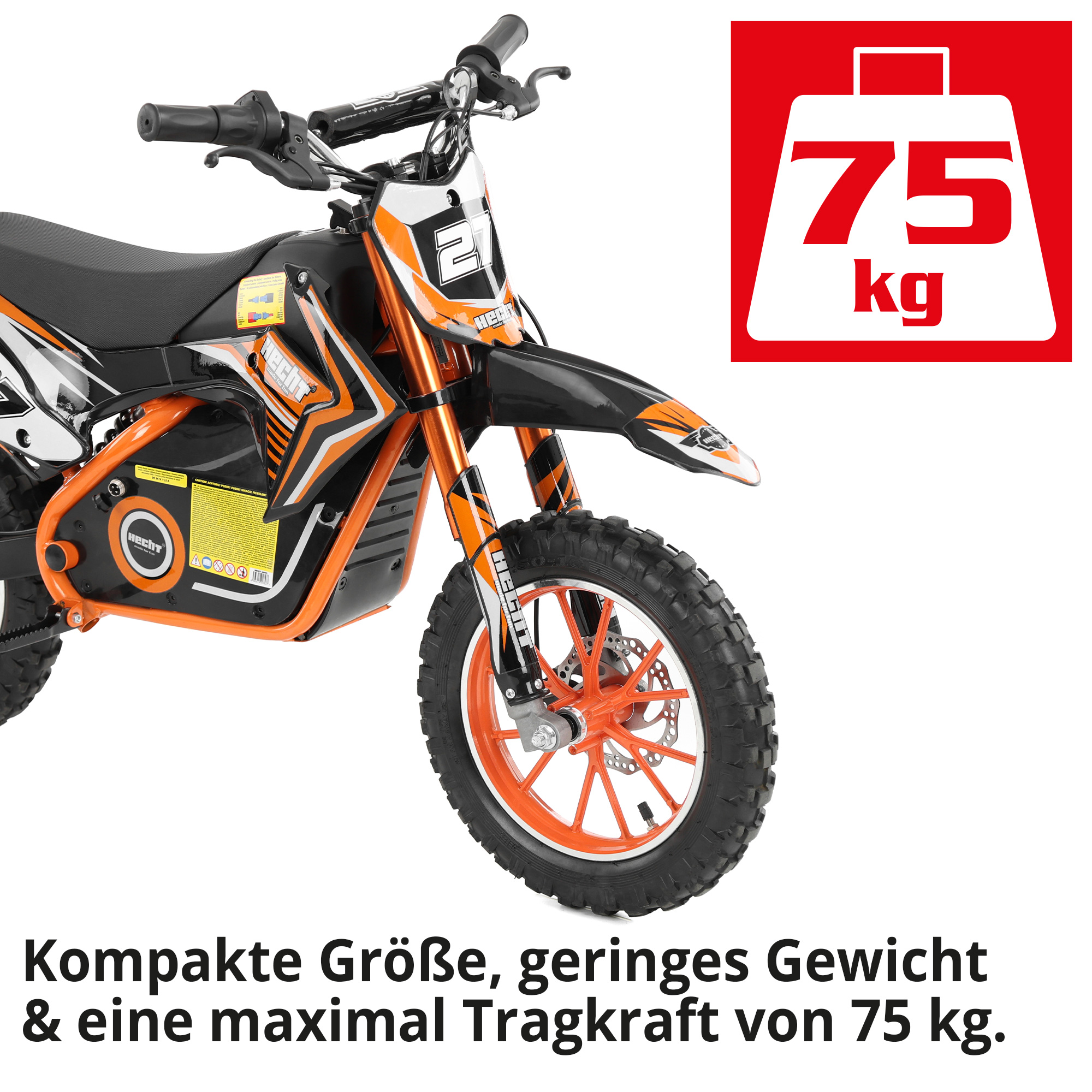 Elektro Pocketbike mit Symbol für 75 kg maximale Traglast