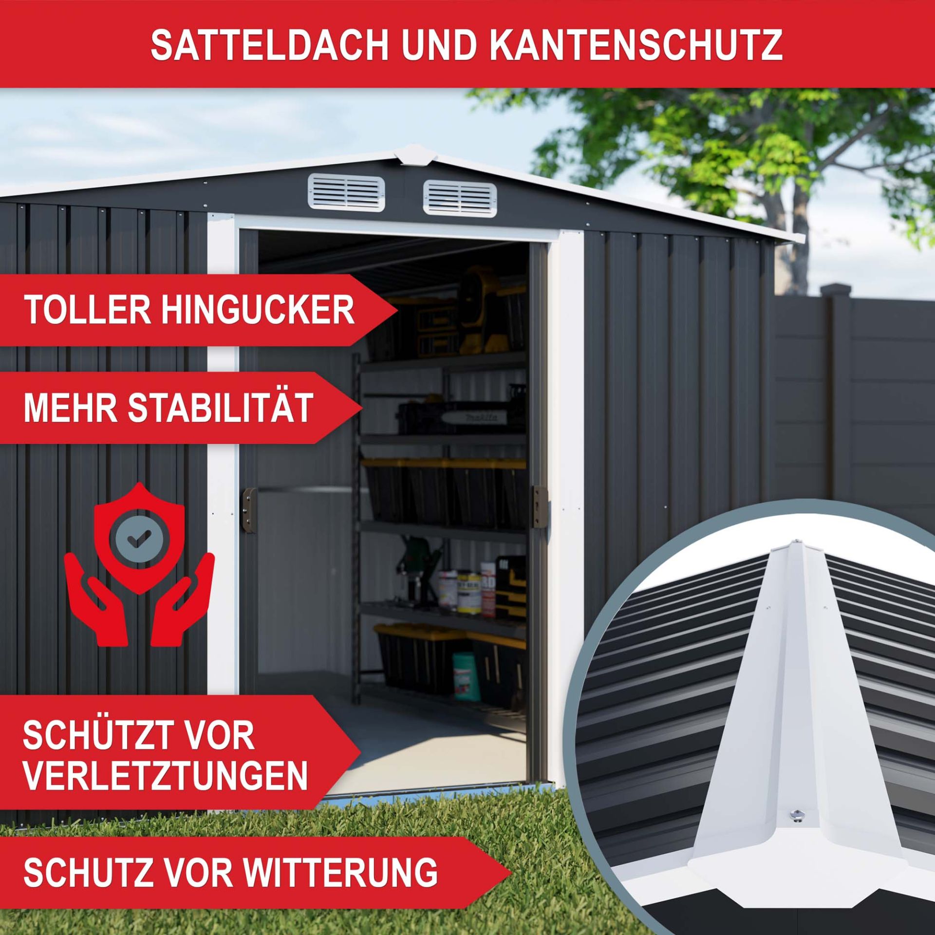 Gerätehaus mit Satteldach und Kantenschutz Gerätehaus mit Satteldach und Kantenschutz