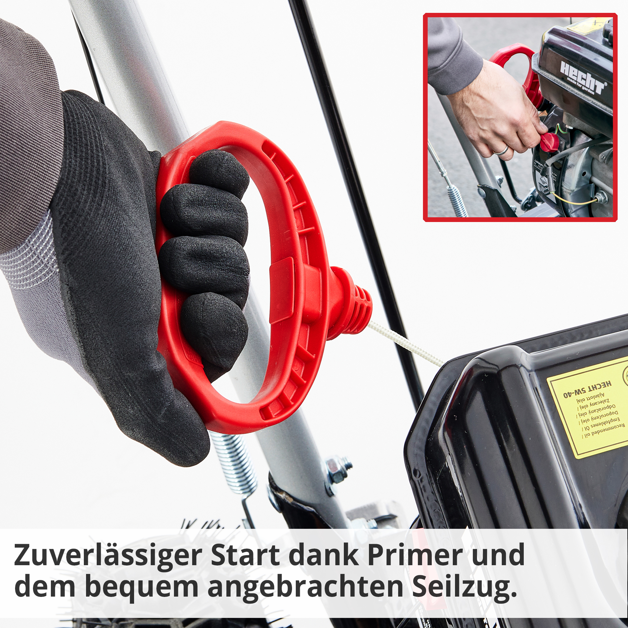 Hecht 8615 Kehrmaschine SET; Zuverlässiger Start dank Primer und dem bequem angebrachten Seilzug