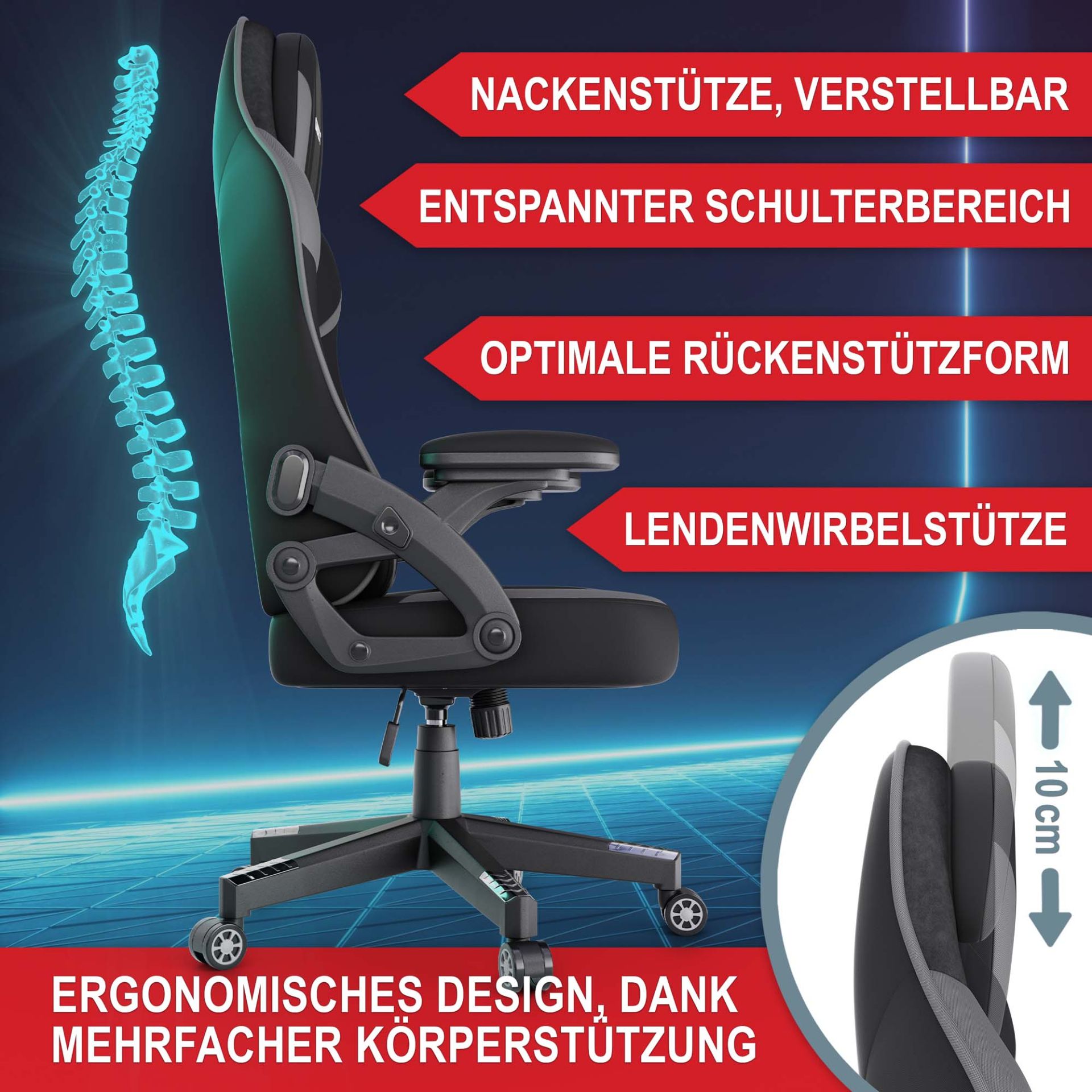 Gaming Stuhl schwarz/ grau - Nackenstütze, verstellbar, entspannter Schulterbereich, optimale Rückenstützform, Lendenwirbelstütze
