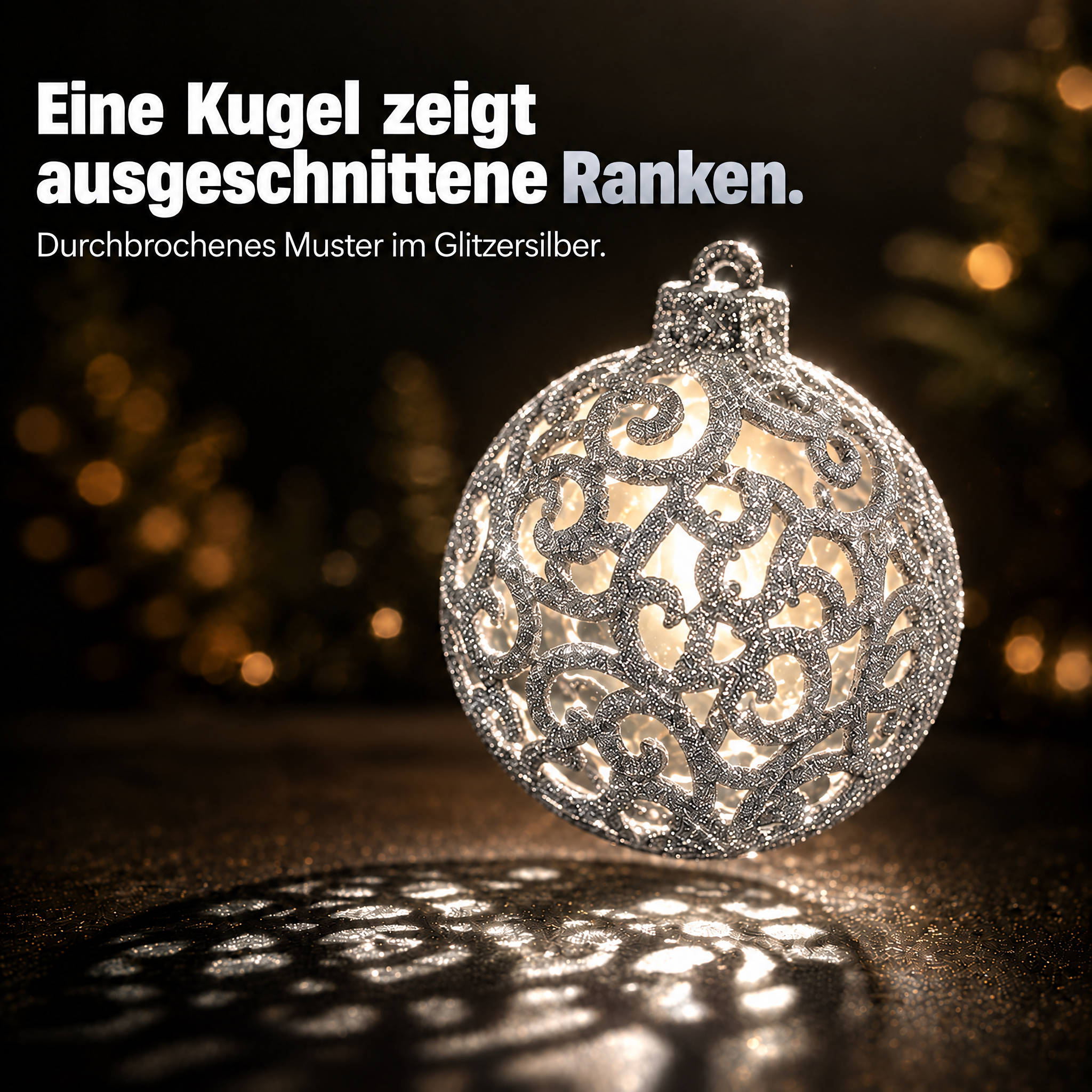 Ornamentkugel Silber ONBEST: Durchbrochenes Muster mit Glitzerranken. (Dieses Bild wurde mit Hilfe von KI generiert.)