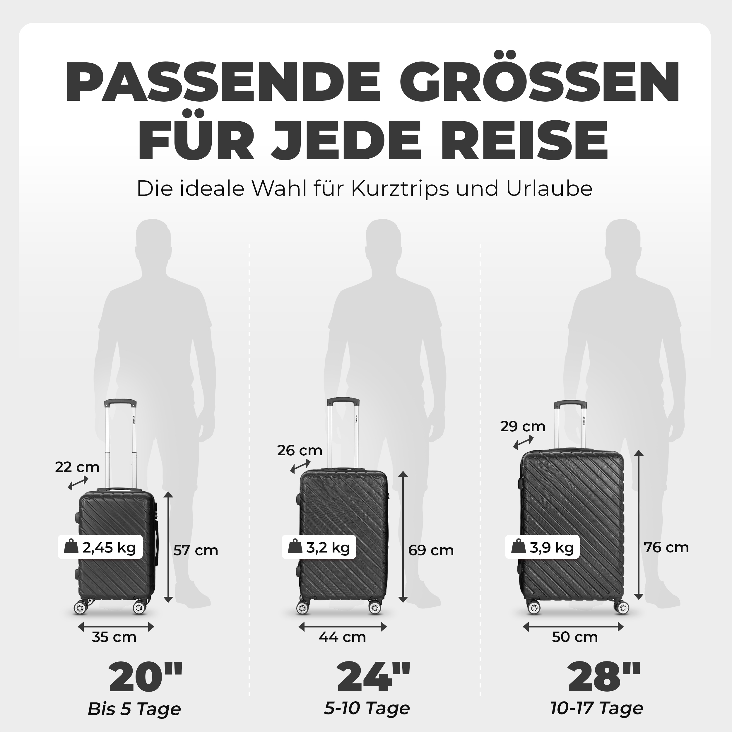 Reisekoffer Set ONBEST Schwarz mit 20, 24 und 28 Zoll im eleganten Look
