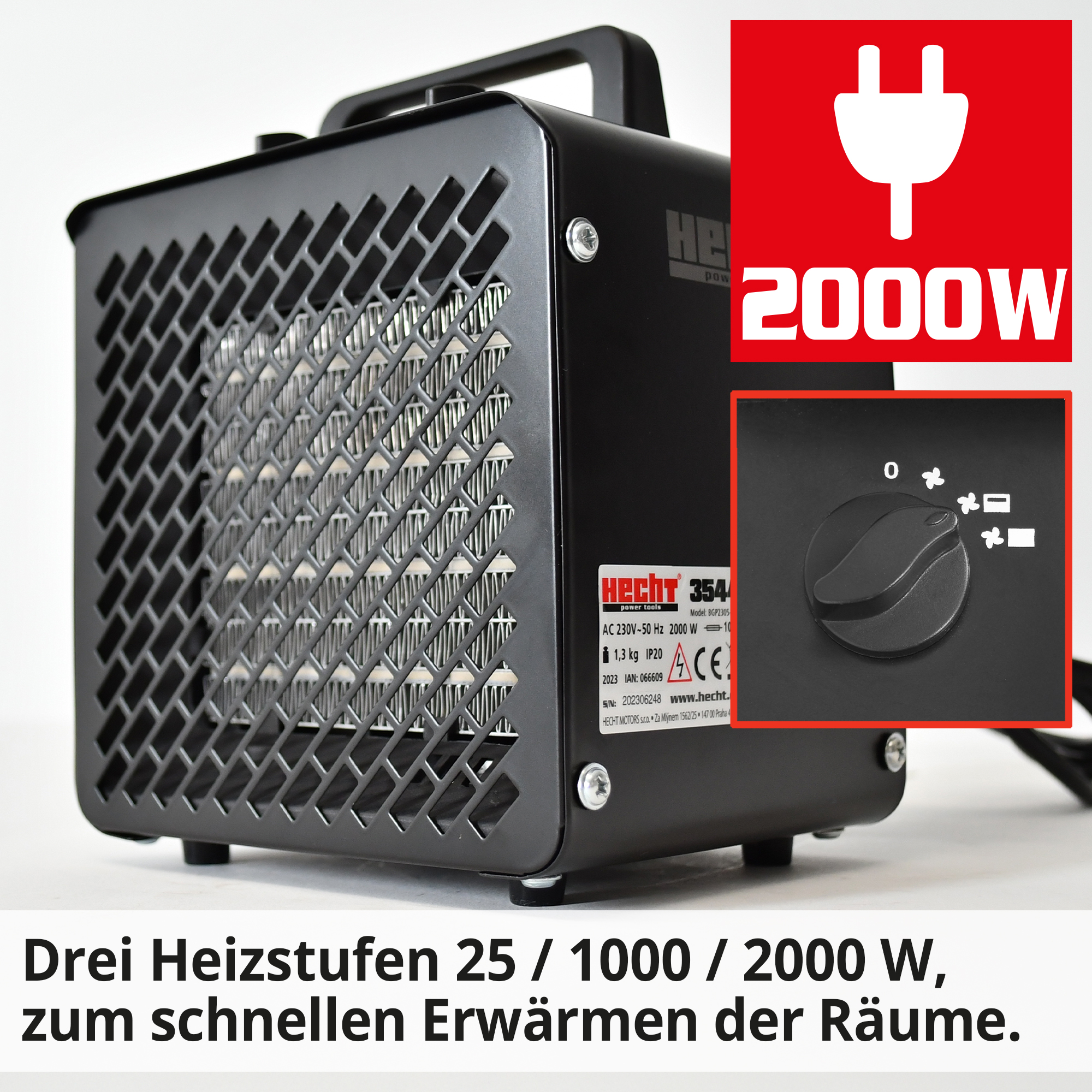 Hecht 3544 Keramik Heizlüfter mit 3 Heizstufen 25/ 1000/ 2000 Watt zum schnellen Erwärmen der Räume