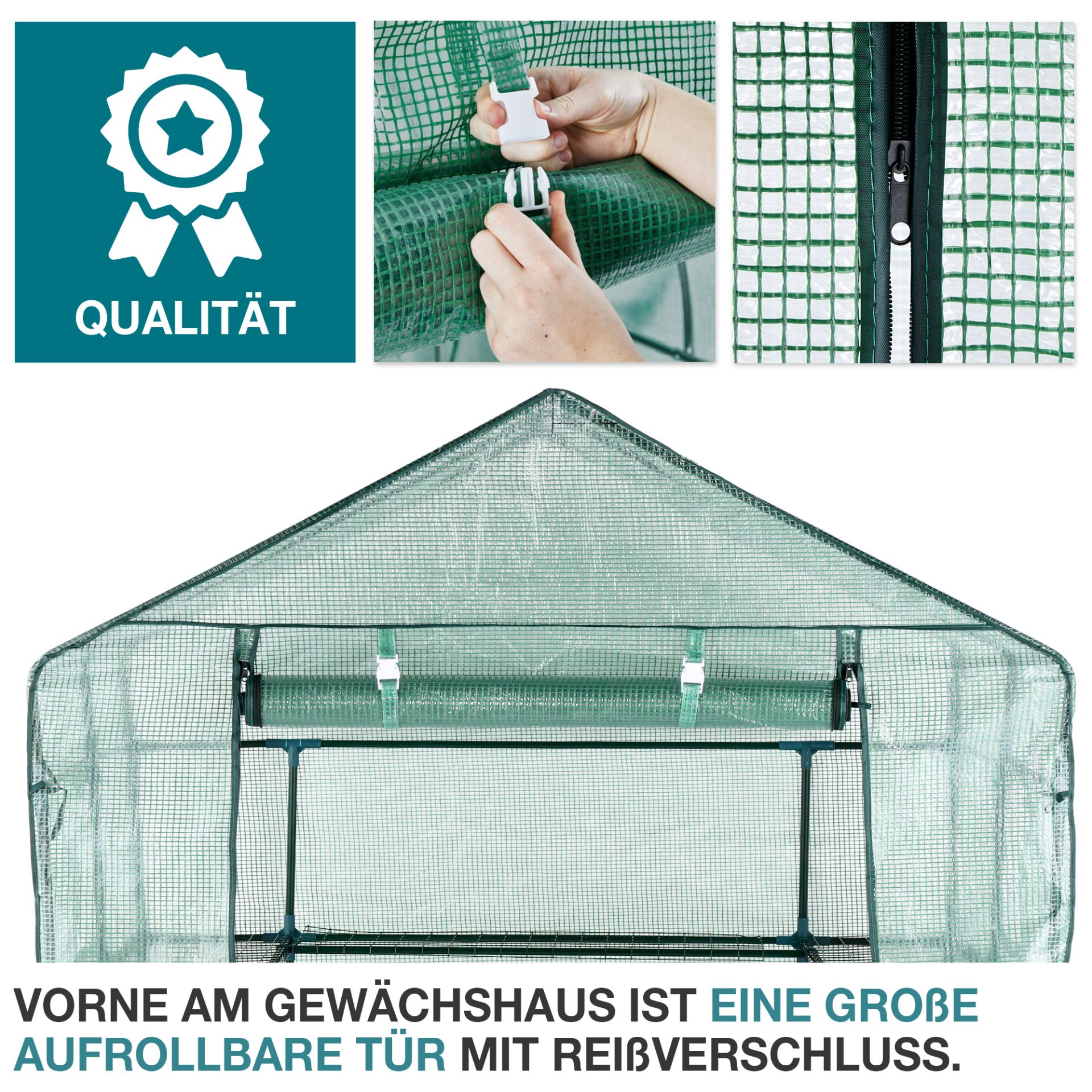 TOM Anzucht Gewächshaus GH-240; große aufrollbare Tür mit Reißverschluss auf der Vorderseite