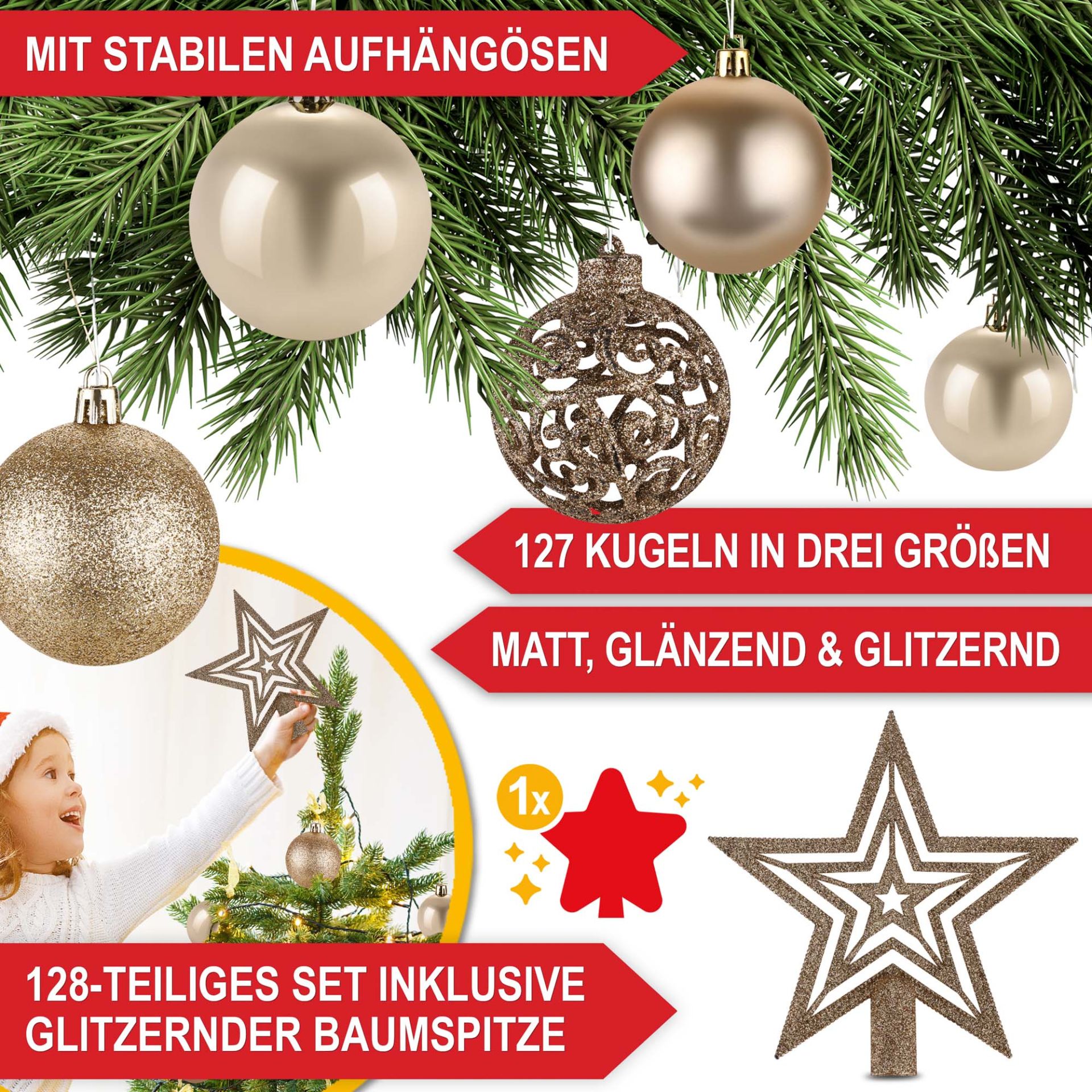 Weihnachtskugeln Champagner - Stabile Aufhängösen, 127 Kugeln in 3 Größen, matt, glänzend, glitzernd, inklusive Baumspitze