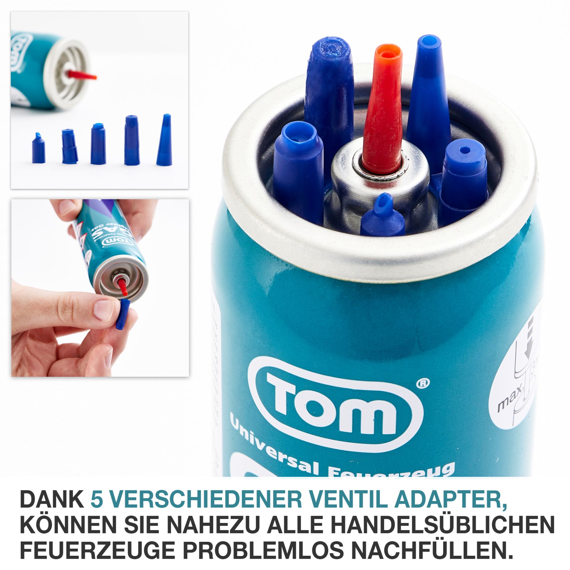 TOM LG-100 Feuerzeug Gas; 5 verschiedene Adapter für fast alle Feuerzeuge