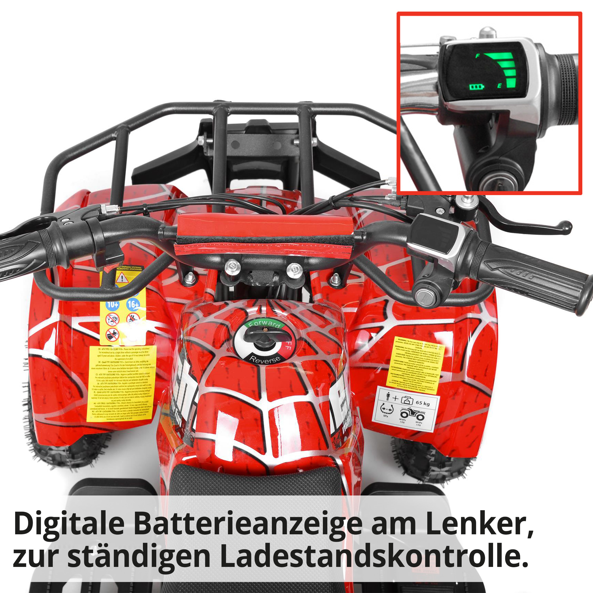Elektro Quad 56100 Rot mit digitaler Batterieanzeige am Lenker, zur ständigen Ladestandskontrolle