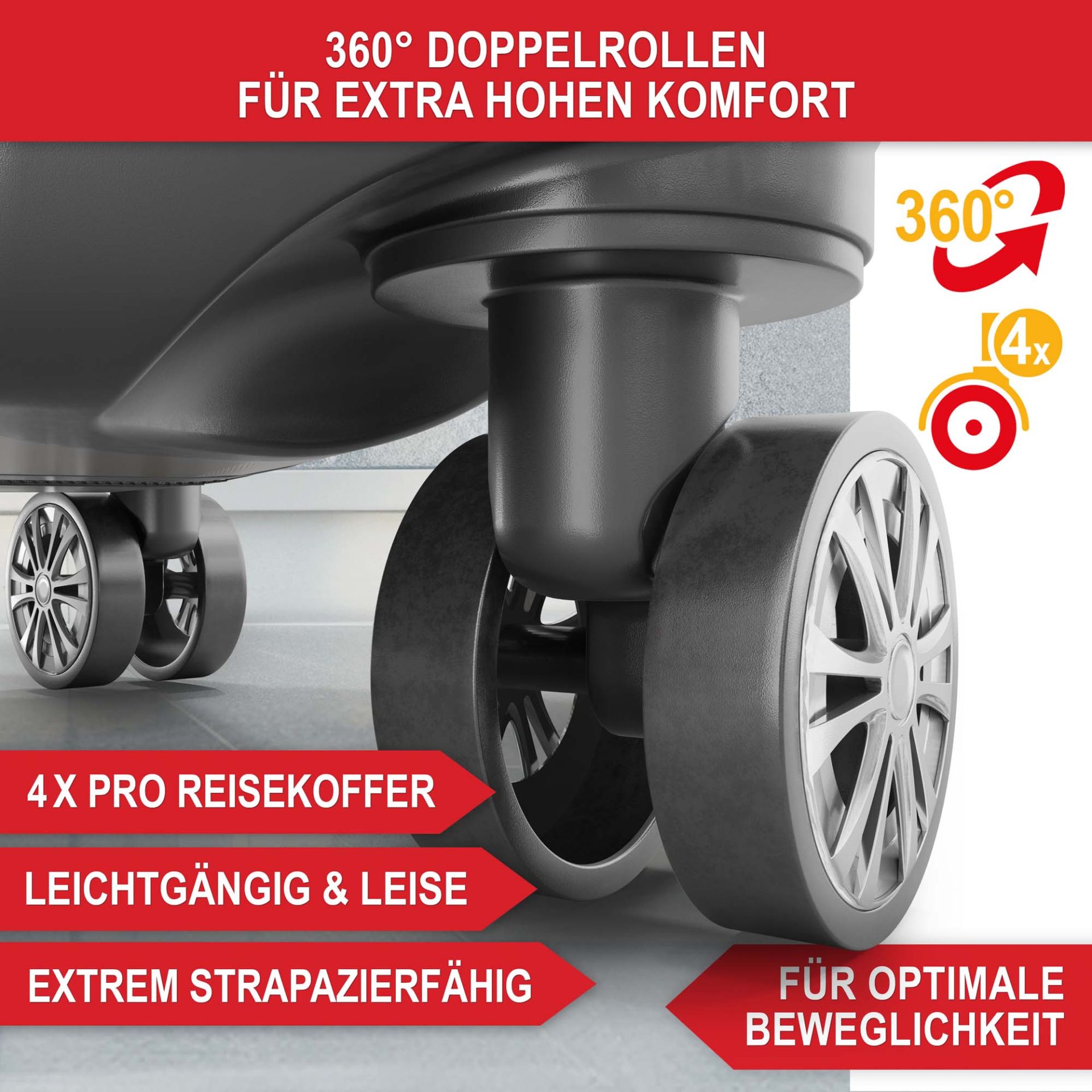 Hartschalenkofferset Champagner - 360 Grad Doppelrollen für extra hohen Komfort; 4 pro Reisekoffer; leichtgängig und leise; extrem strapazierfähig; für optimale Beweglichkeit