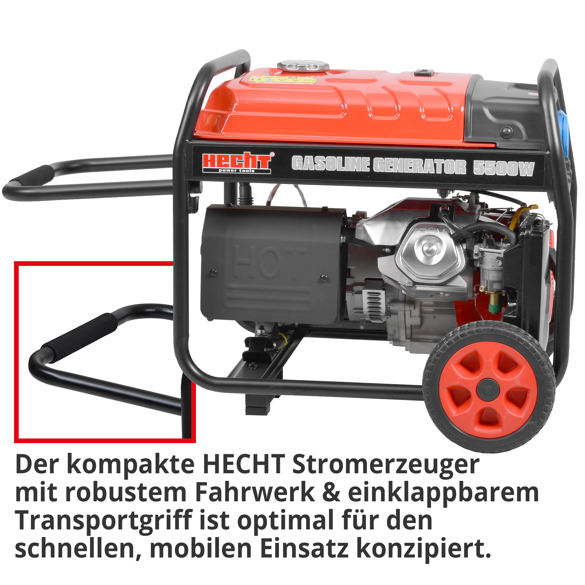 Stromgenerator; Robustes Fahrwerk und einklappbarer Transportgriff für mobilen Einsatz