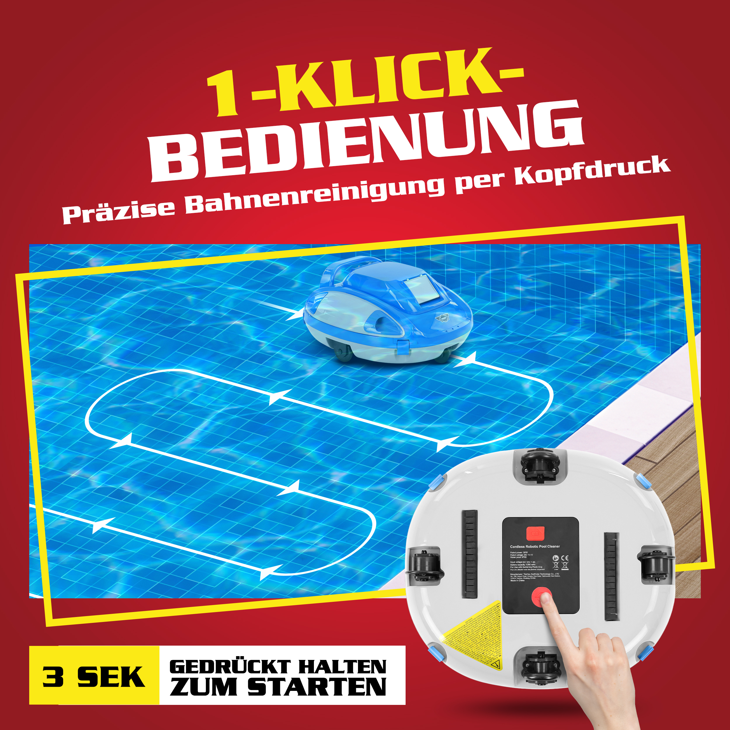 HECHT Poolroboter mit 1-Klick-Bedienung für präzise Bahnenreinigung