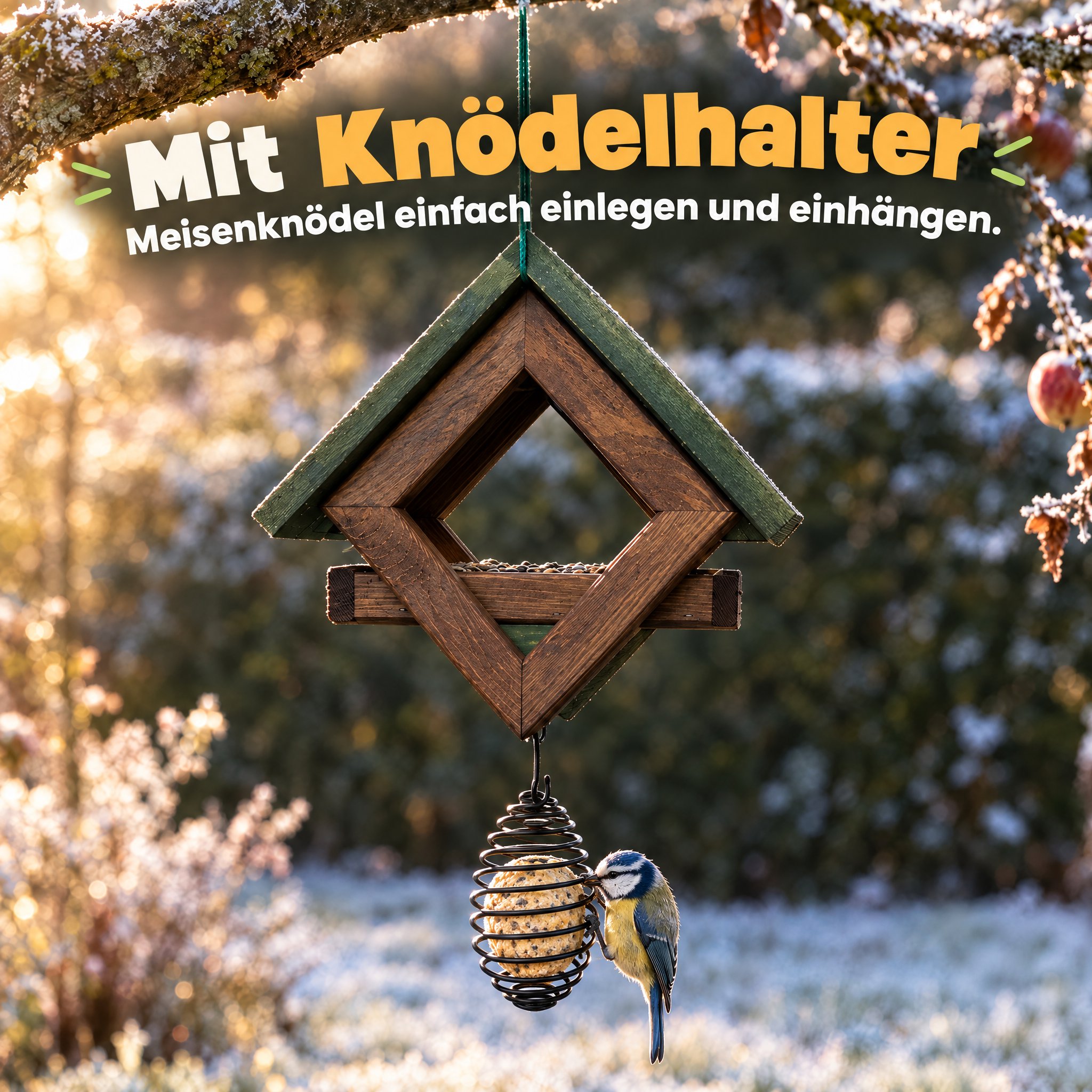 Knödelhalter für Vögel: Meisenknödel einfach in die Drahtspirale einhängen. (Dieses Bild wurde mit Hilfe von KI generiert.)