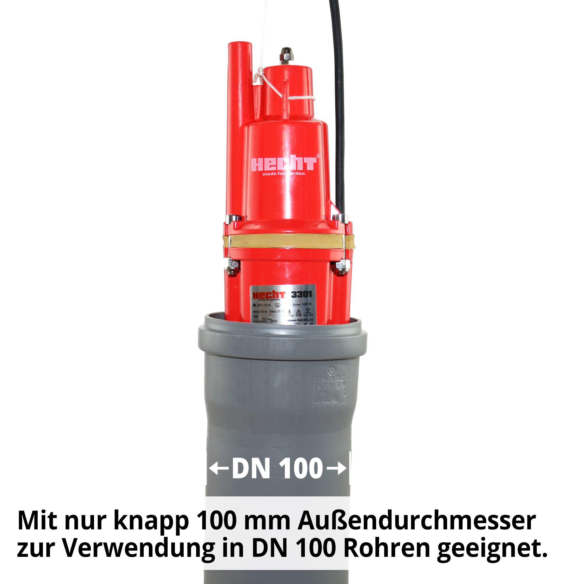 Membranpumpe; Nur knapp 100 Millimeter Außendurchmesser; zur Verwendung in DN 100 Rohren geeignet