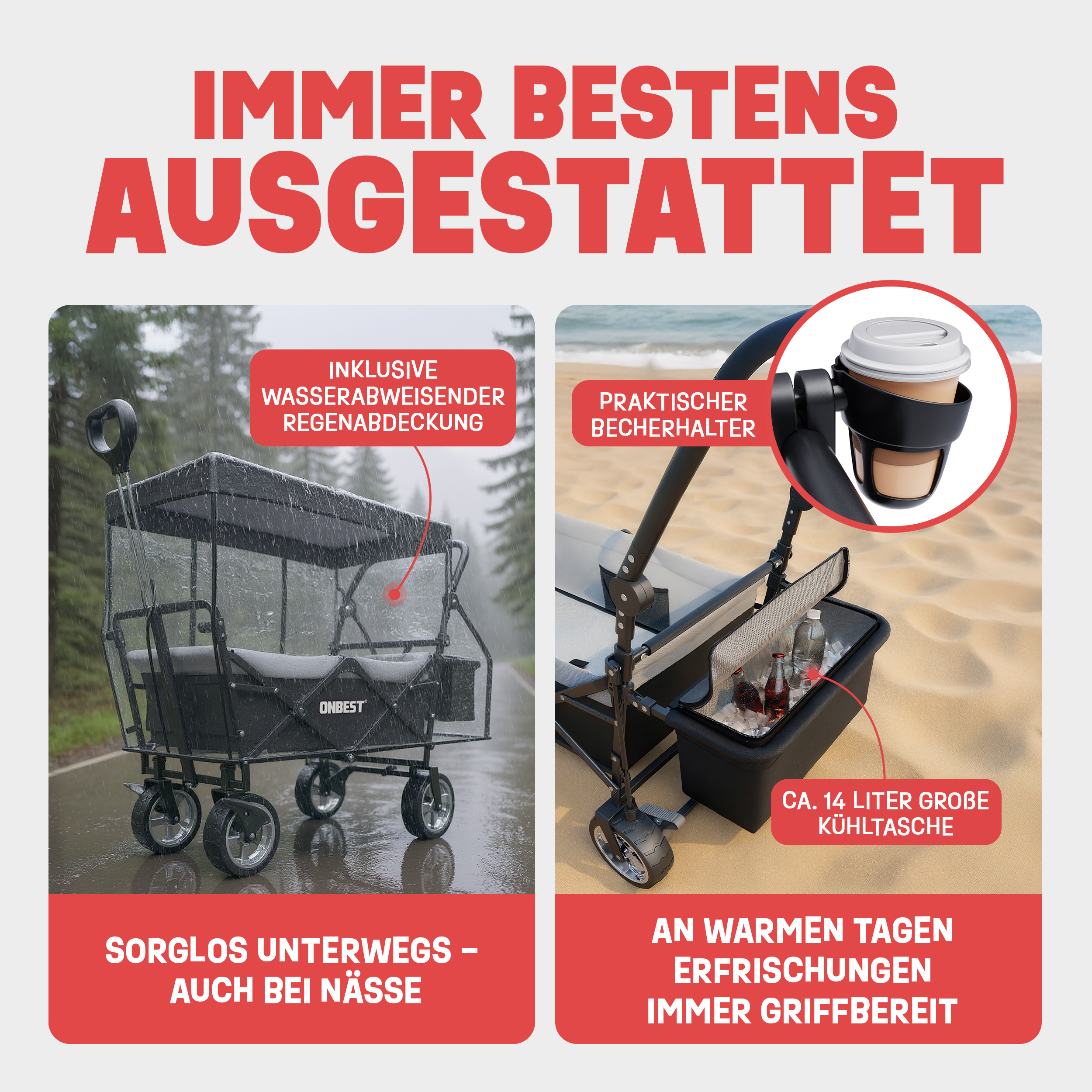 Klappbarer Handwagen mit Dach und Kühltasche für Camping und Strand