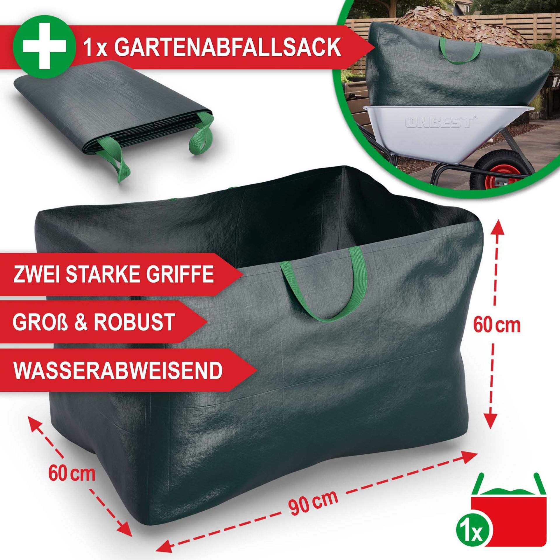Schubkarre - 1 Gartenabfallsack, 2 starke Griffe, groß und robust, wasserabweisend