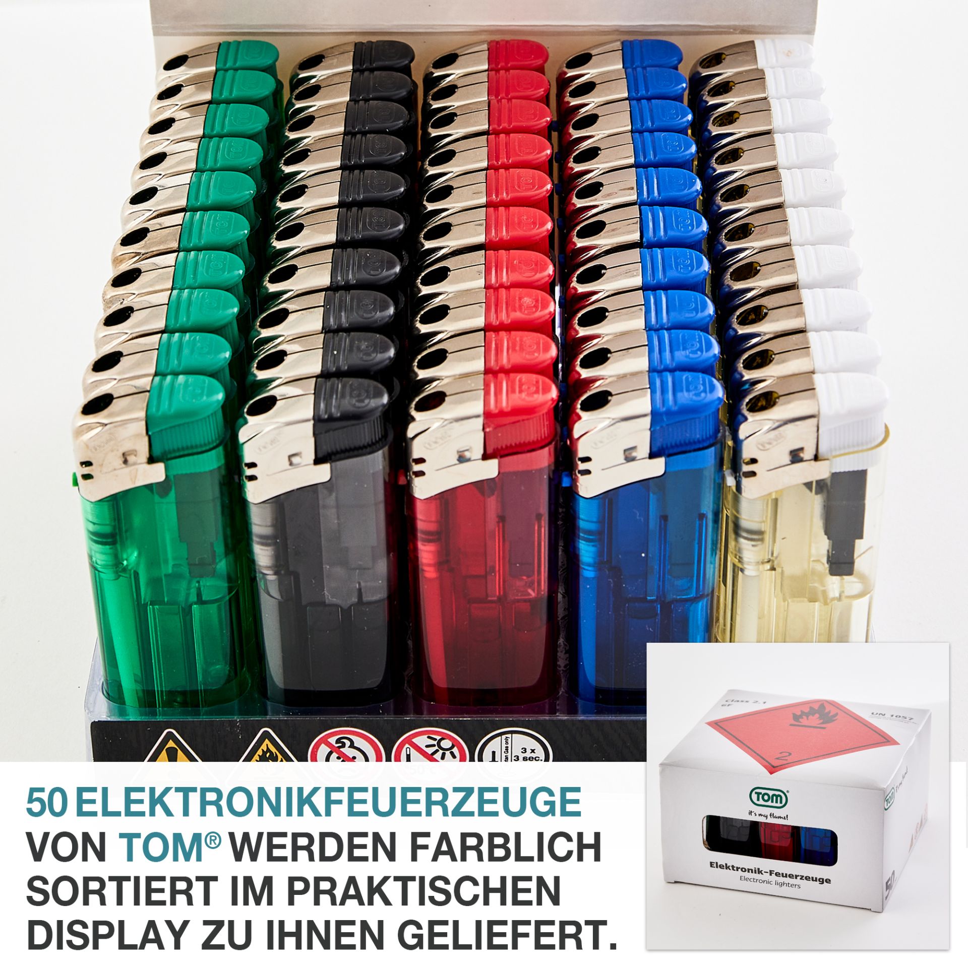 Packung mit 50 TOM Elektronik Feuerzeugen, farblich sortiert