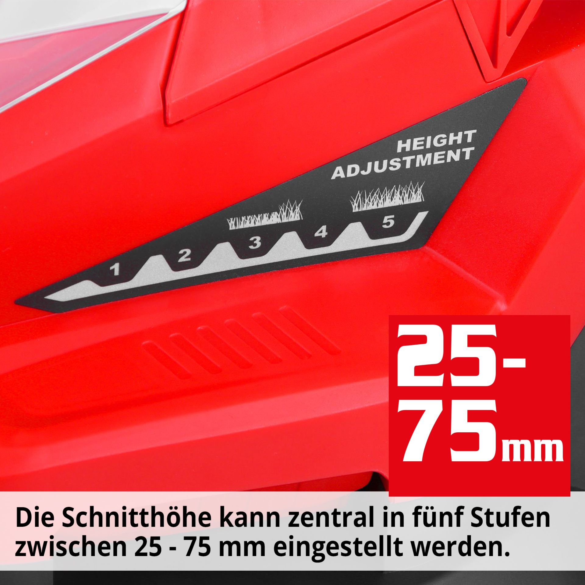 Akku-Rasenmäher mit 5-fach Schnitthöhenverstellung von 25-75 mm