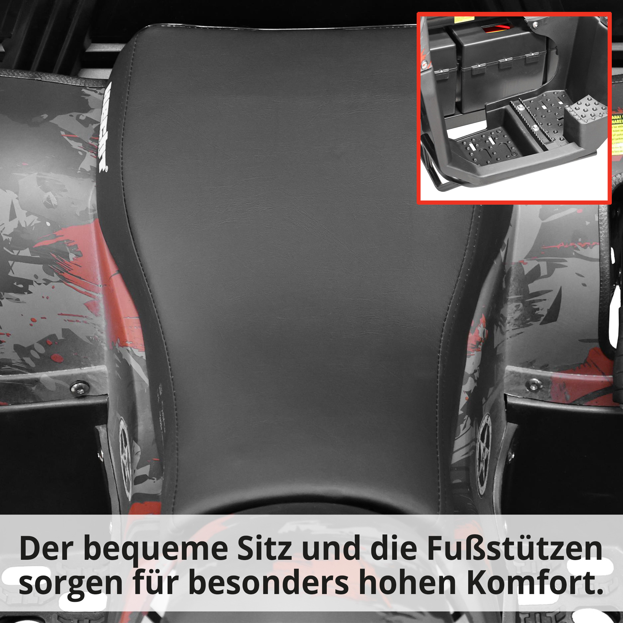 Hecht Cargo - Quad mit Pritsche & Plane; Der bequeme Sitz und die Fußstützen sorgen für besonders hohen Komfort