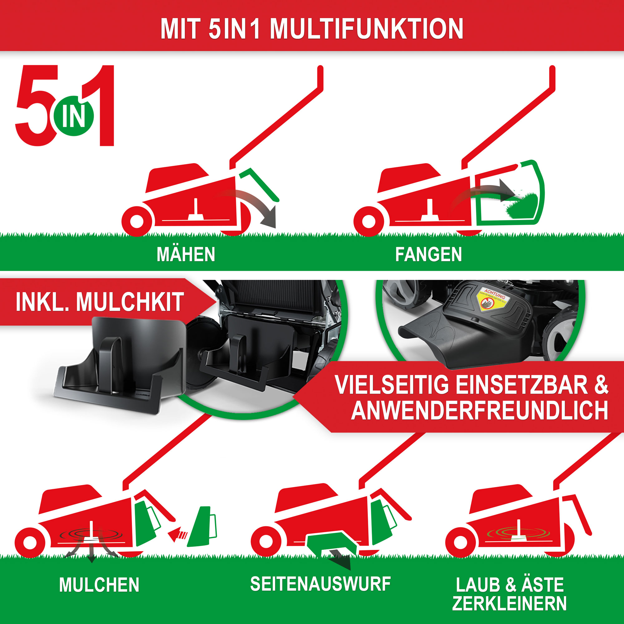 Rasenmäher Benzin TXC-3653 E - 5 in 1 Multifunktion; mähen, fangen, mulchen, Seitenauswurf, Laub und Äste zerkleinern