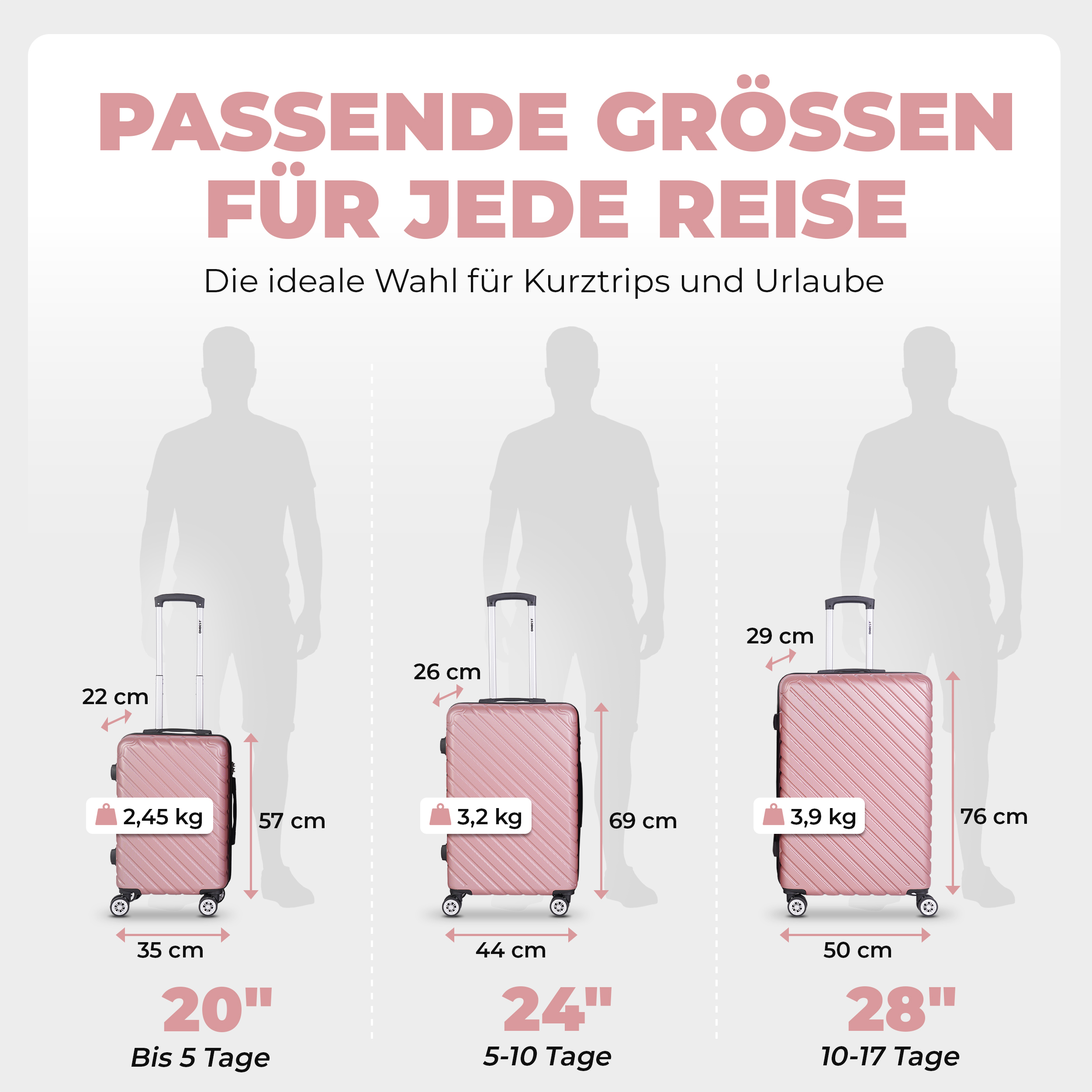 Reisekoffer Set ONBEST Rose Gold mit 20, 24 und 28 Zoll im eleganten Look