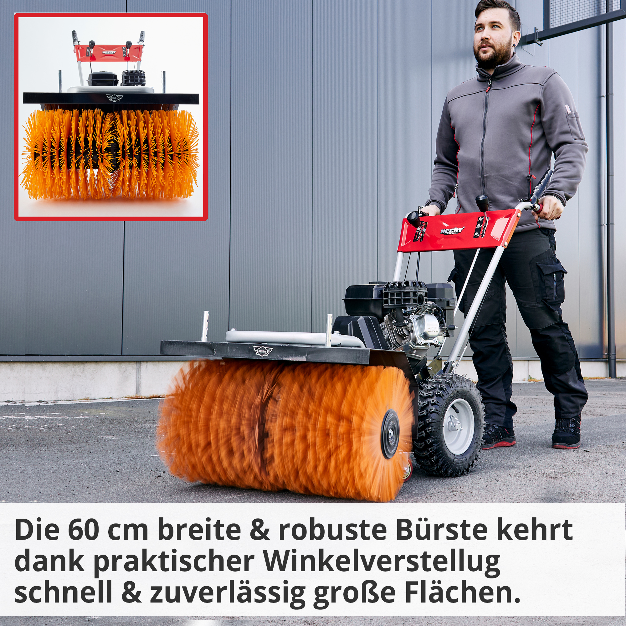 Hecht 8615 Kehrmaschine SET; Die breite und robuste Bürste kehrt dank praktischer Winkelverstellung schnell und zuverlässig große Flächen