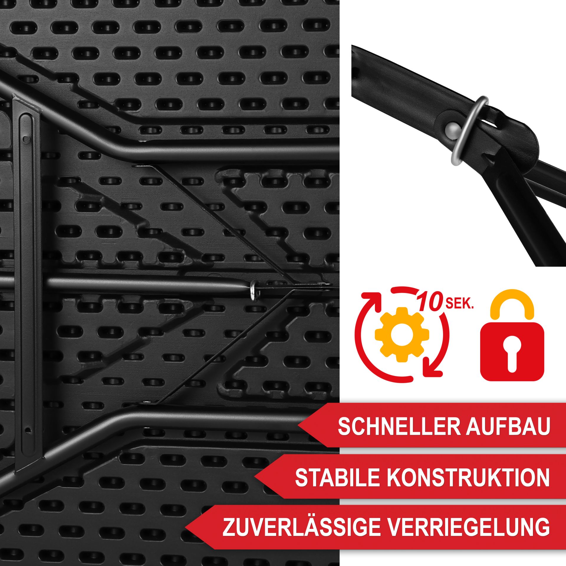 Klapptisch Borkum - schneller Aufbau, stabile Konstruktion, zuverlässige Verriegelung