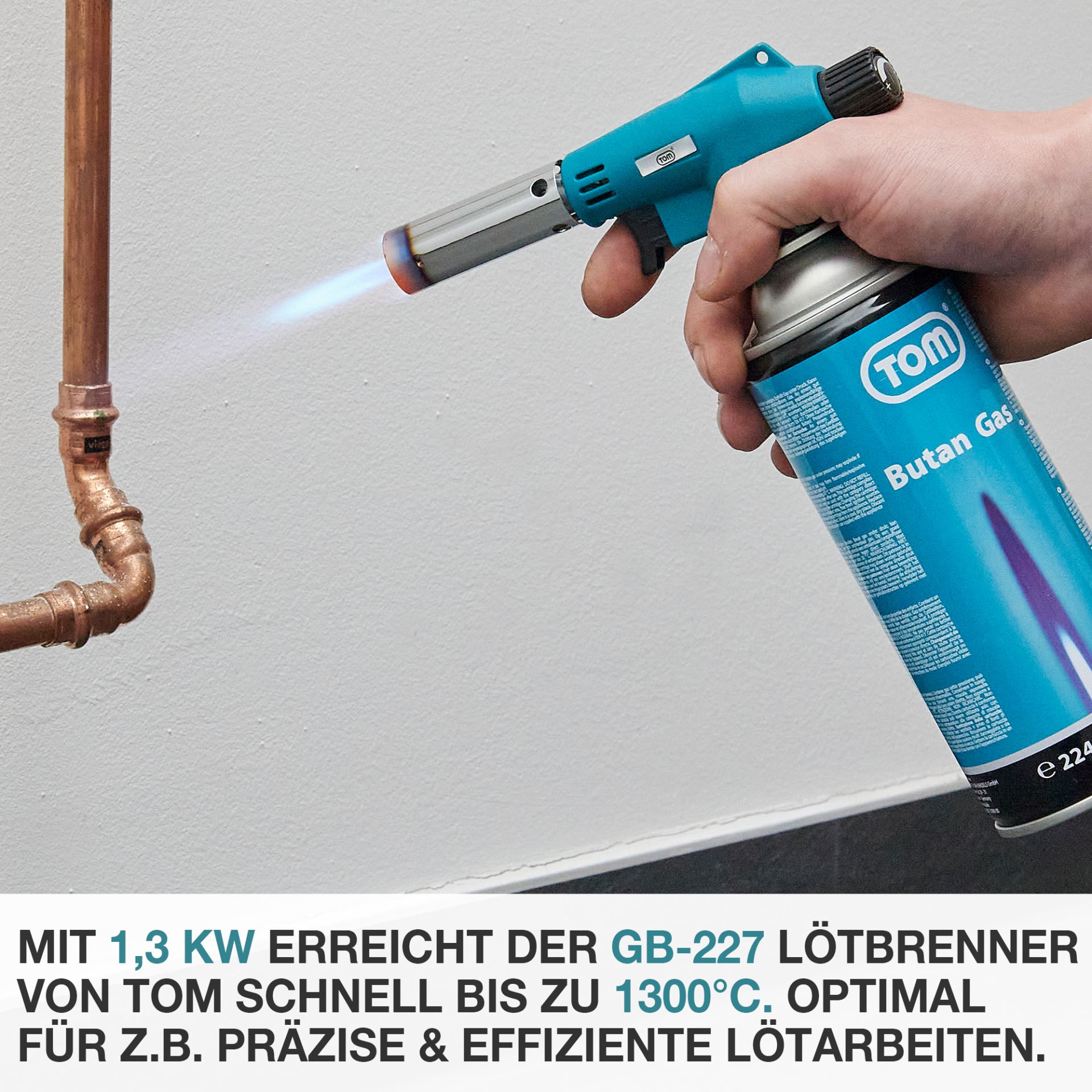 TOM Lötbrenner GB-227; 1,3 Kilowatt Leistung und bis zu 1300 Grad Celsius Flammentemperatur