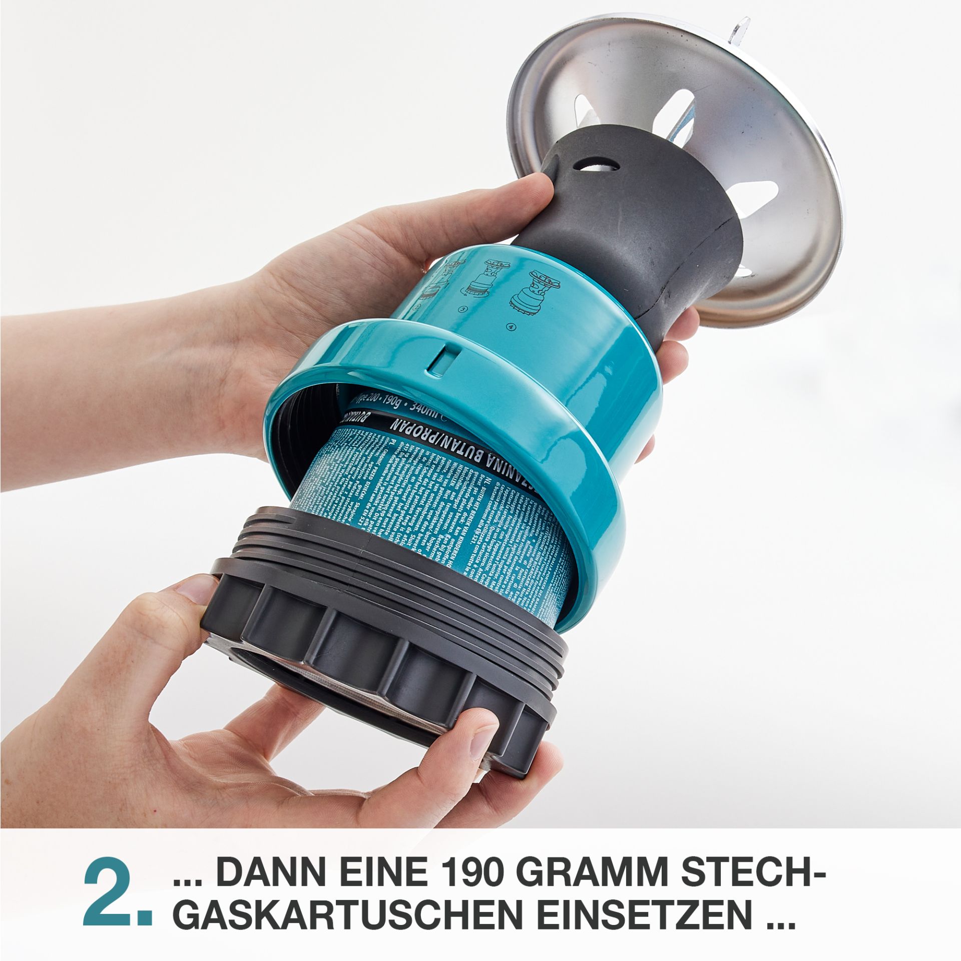 190 Gramm Stech-Gaskartusche in den TOM GK-190 Gaskocher einsetzen