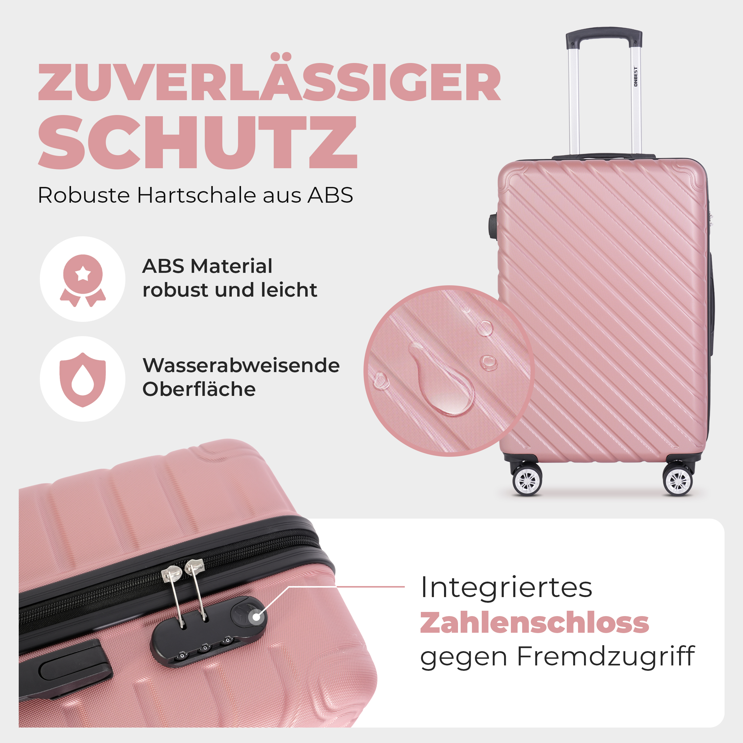 ONBEST Koffer Premium Rose Gold mit robuster ABS-Hartschale und Zahlenschloss