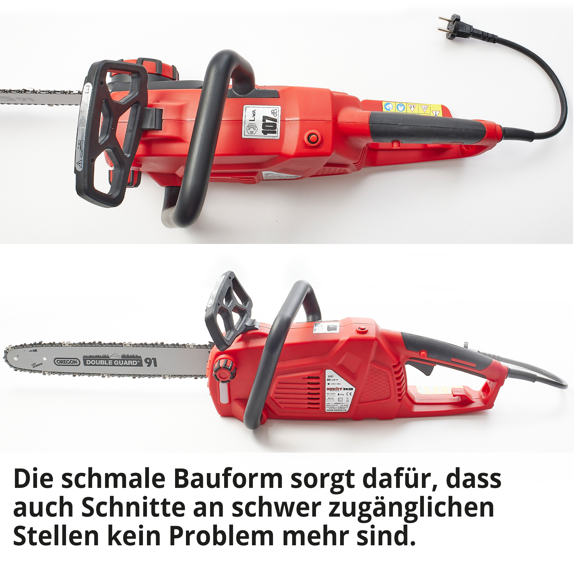 Elektro Kettensäge Bauform schmal Motor längs kompakt schwer zugängliche Stellen