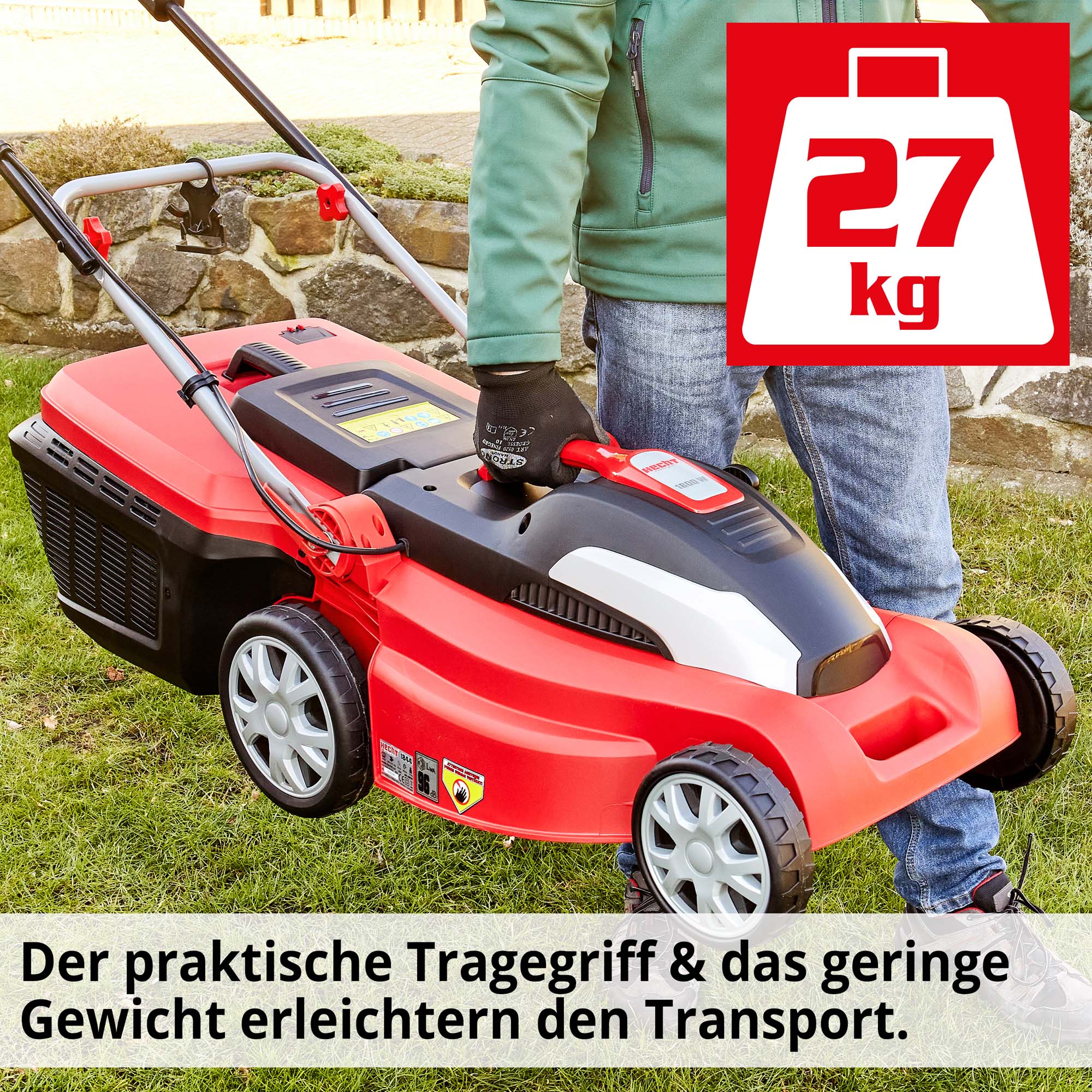 Hecht Elektro-Rasenmäher mit  und Tragegriff für ein Handlichen Transport auch durch das geringere Gewicht 