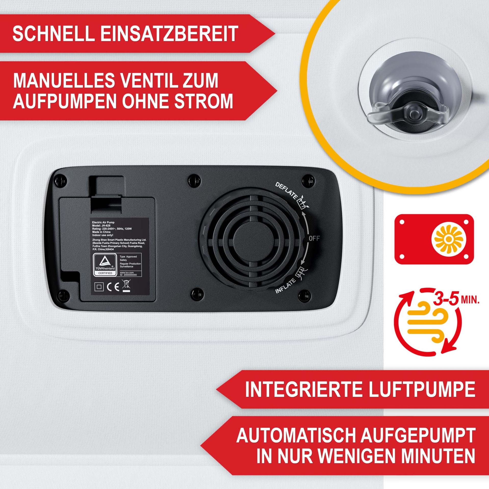 Luftbett Kingsize Weiß - Schnell Einsatzbereit; manuelles Ventil zum aufpumpen ohne Strom; integrierte Luftpumpe; automatisch aufgepumpt in nur wenigen Minuten