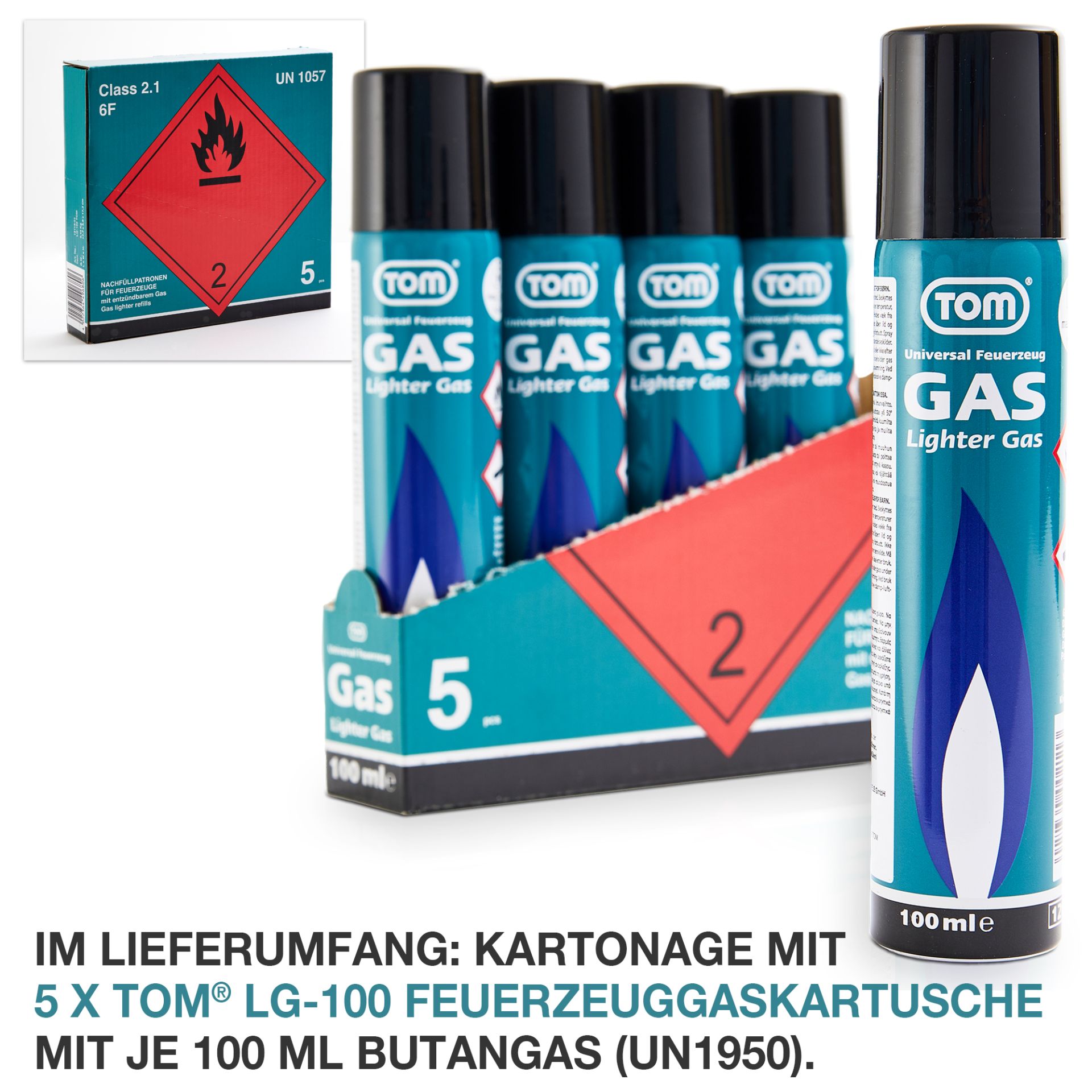 5 Dosen TOM LG-100 Feuerzeug Gas im Lieferumfang enthalten