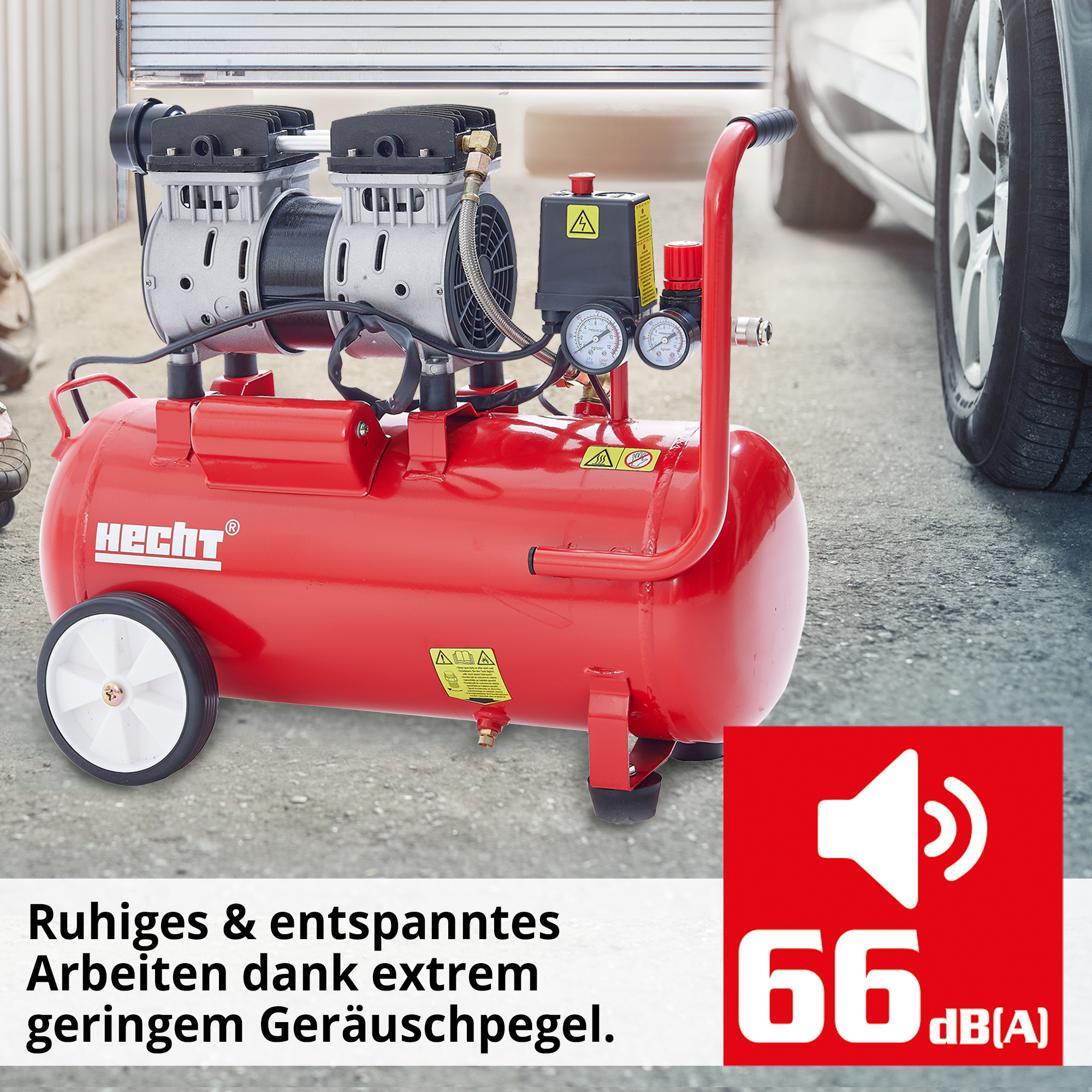 Flüster Kompressor; geringer Geräuschpegel von 66 Dezibel