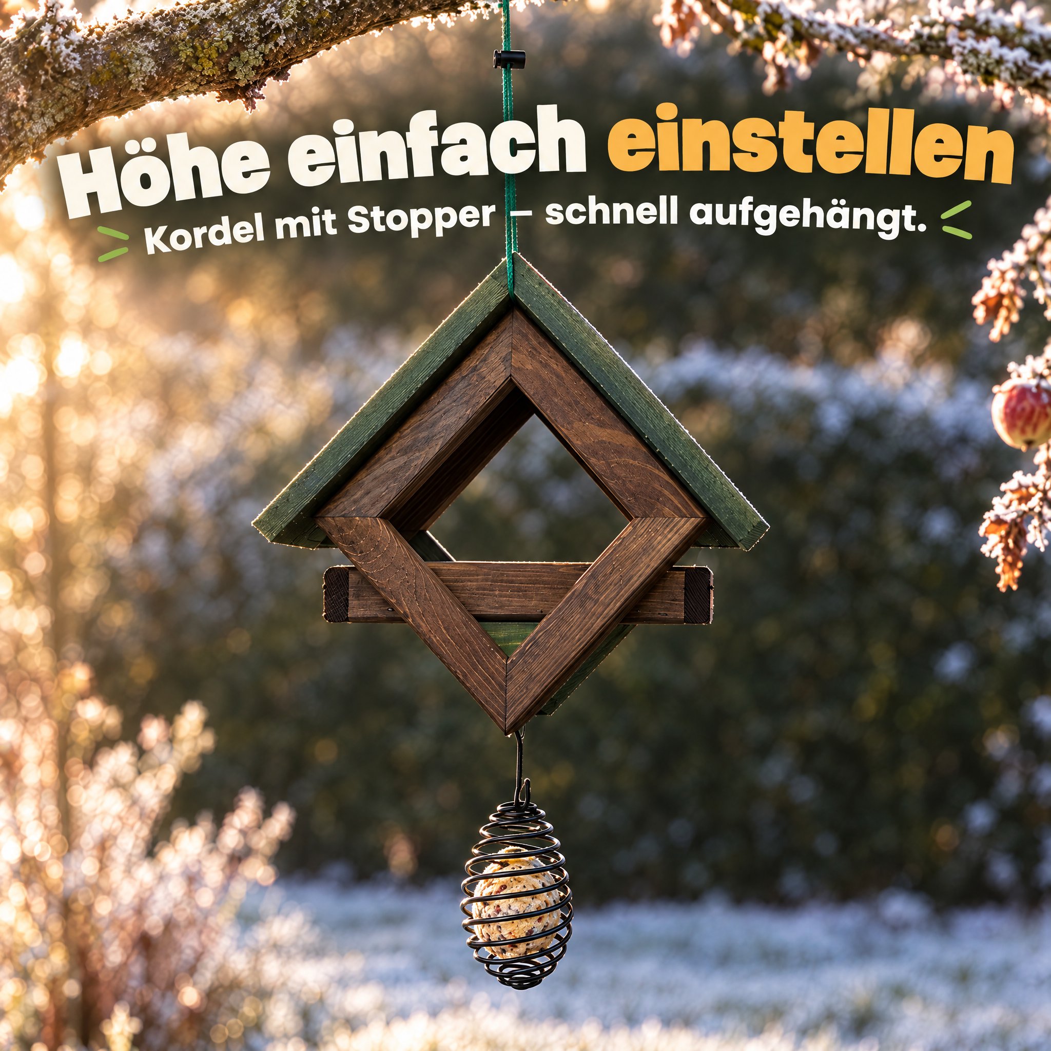 Vogelhaus Aufhängung: Kordel mit Stopper für schnelle Höhenverstellung. (Dieses Bild wurde mit Hilfe von KI generiert.)