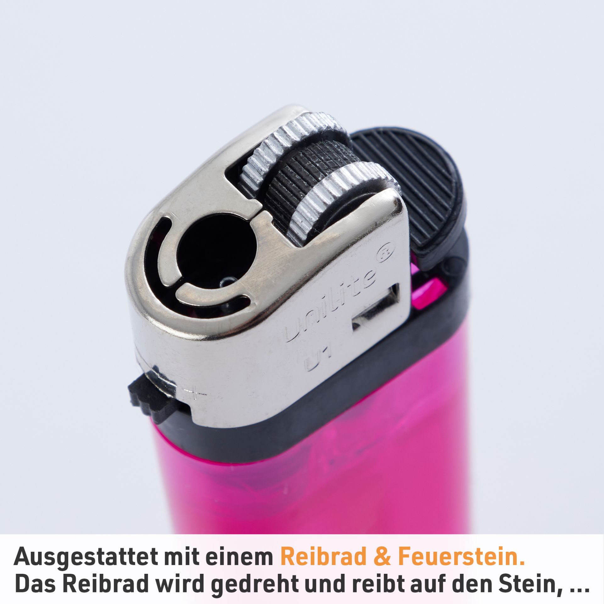 Unilite Reibrad Feuerzeug; Zündung durch Reibrad und Feuerstein